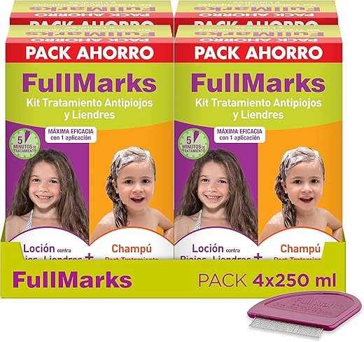 Full Marks Kit Tratamiento Antipiojos para Niños, Elimina los Piojos, Contiene Loción 100 ml, Champú Post-Tratamiento 150 ml y Lendrera Metálica, Pack ahorro x4