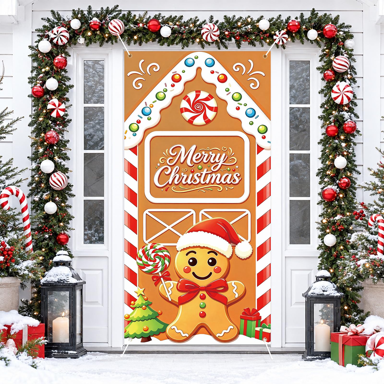 Gingerbread Christmas Door Cover Front Door Banner Xmas Decorations Home
