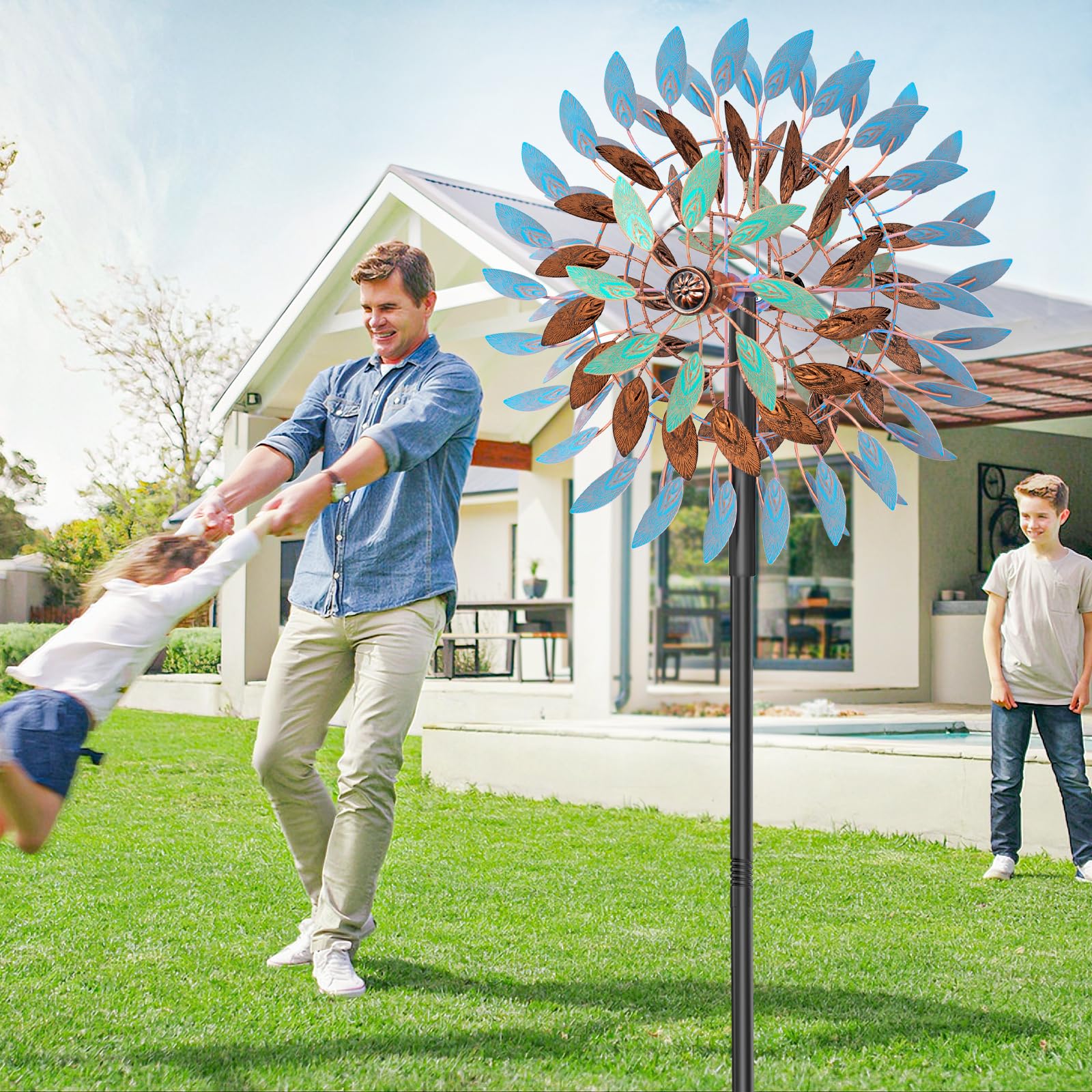 Molino de viento cinético para exteriores, 18.5 pulgadas de ancho x 78.7 pulgadas de alto, molino de viento grande de metal para exteriores con base estable de 5 puntas, giratorio de 360°, 6 cuchillas