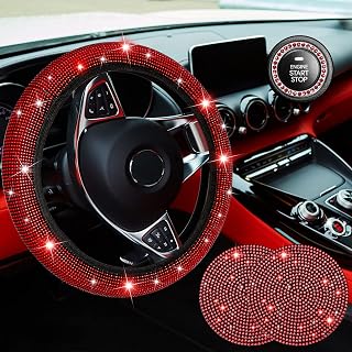 5 PCS Crystal Diamond Bling Steering Wheel Cover Car Coaster Rhinestone Sticker for Car Start Button Starter Ring Car Interior Accessories(Black with Diamond)