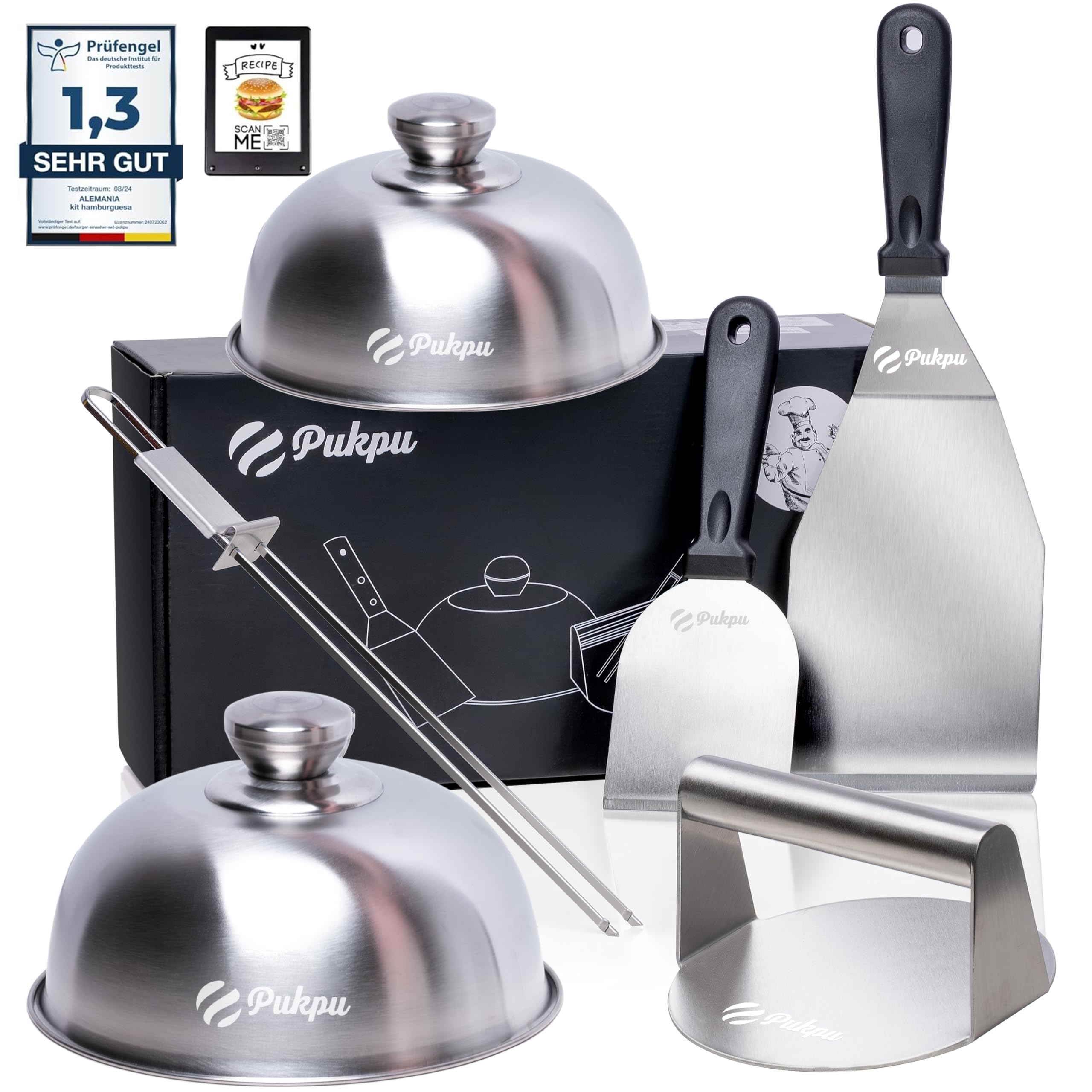 Kit Smash Burger 6 Pezzi Nero – Pressa Hamburger, 2 Spatole Inox, 2 Cloche per Formaggio e Spiedino