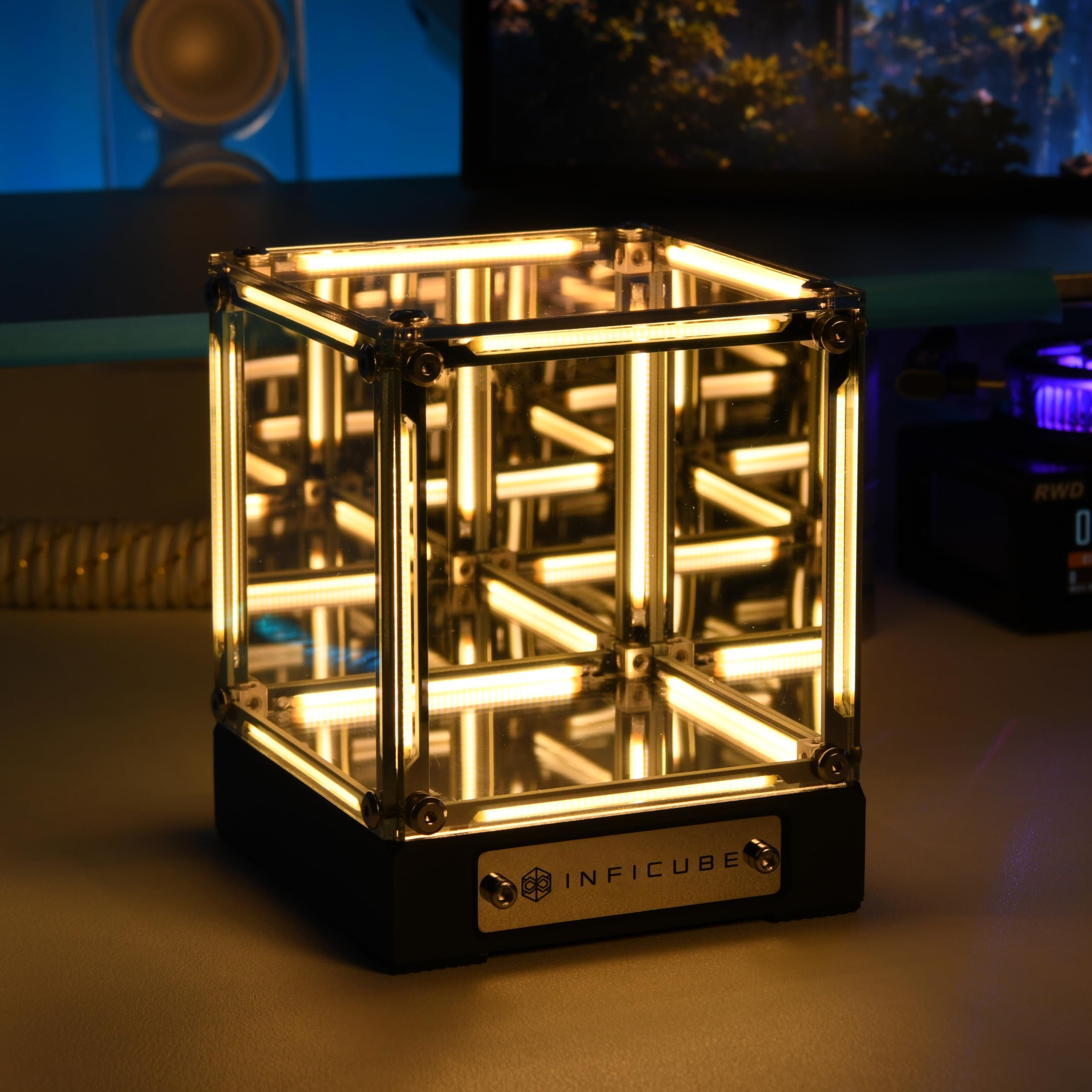Lámpara de cubo de espejo infinito, luz de abismo Tesseract 4D, luz nocturna regulable táctil recargable por USB-C, decoración futurista de escritorio para sala de juegos, dormitorio, estante