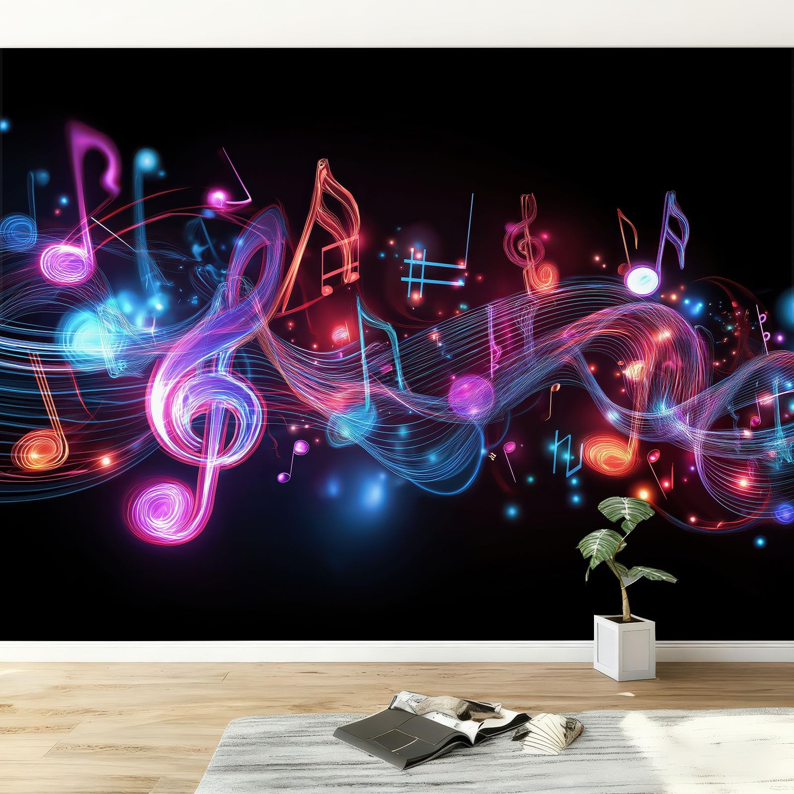 Papel Pintado Mural Fotográfico Fantasía para Salón Dormitorio Habitación Infantil - Decoración de Pared Música Notas Musicales Rayas Fácil de Instalar Poster Mural Elegante 350An x 256Al cm