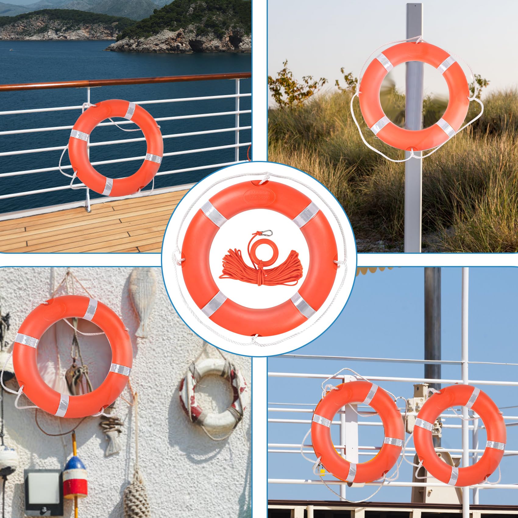 Life Preserver Ring 58,4 cm / 71,1 cm, Boot-Sicherheits-Wurfringe mit Halterung, orangefarbene Boje mit Seil, 2,5 m und reflektierendem Band für Boot