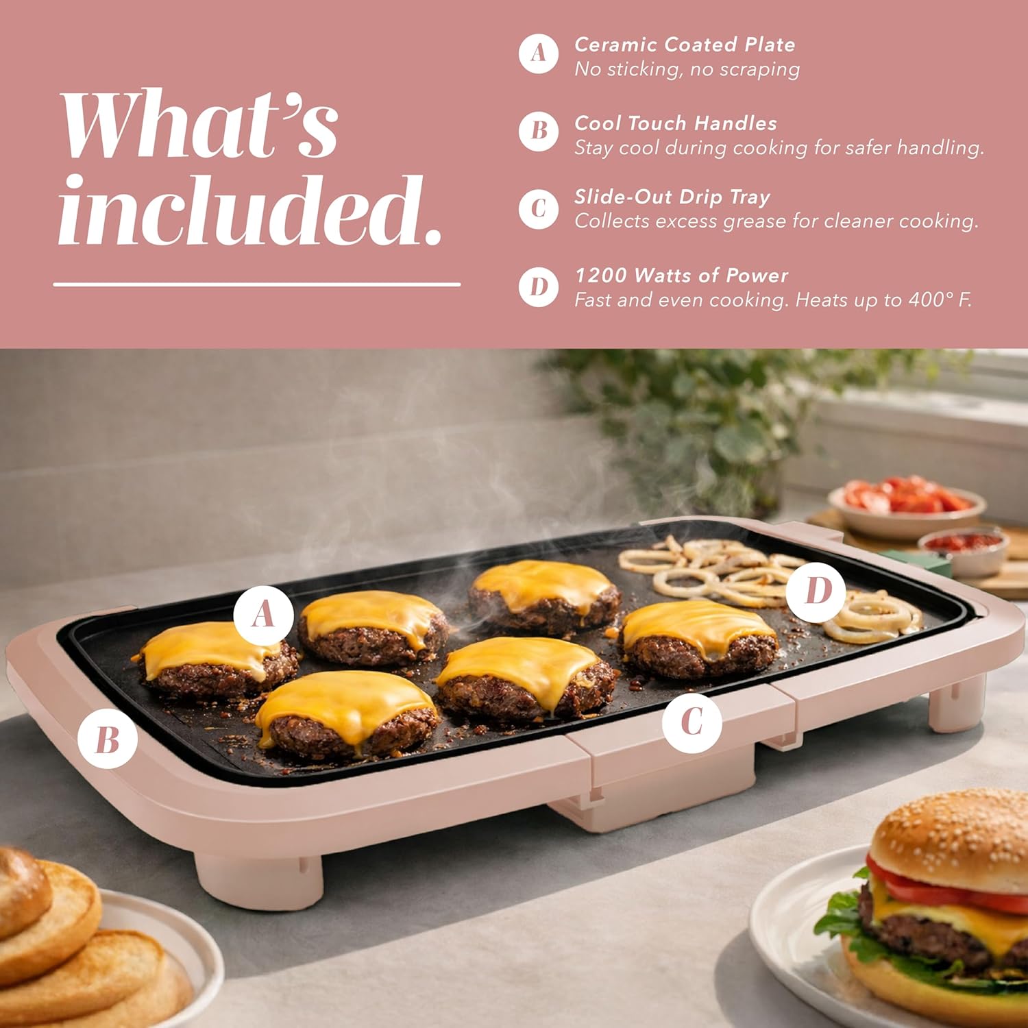 cook with color electric griddle 1200w, nonstick surface for pancakes, burgers, eggs & more, removable temperature control, slide-out drip tray, 10" x 16" cooking area, dusty rose