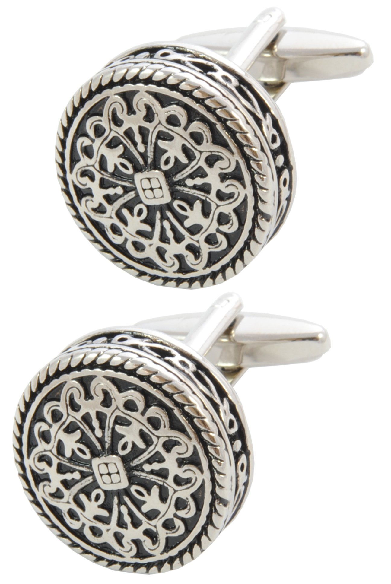 COLLAR AND CUFFS LONDONCufflinks with Gift Box - Antique Style - Celtic Design - 20 mm Diameter - Brass - Silver and Black - Round Cross, Metal, gem