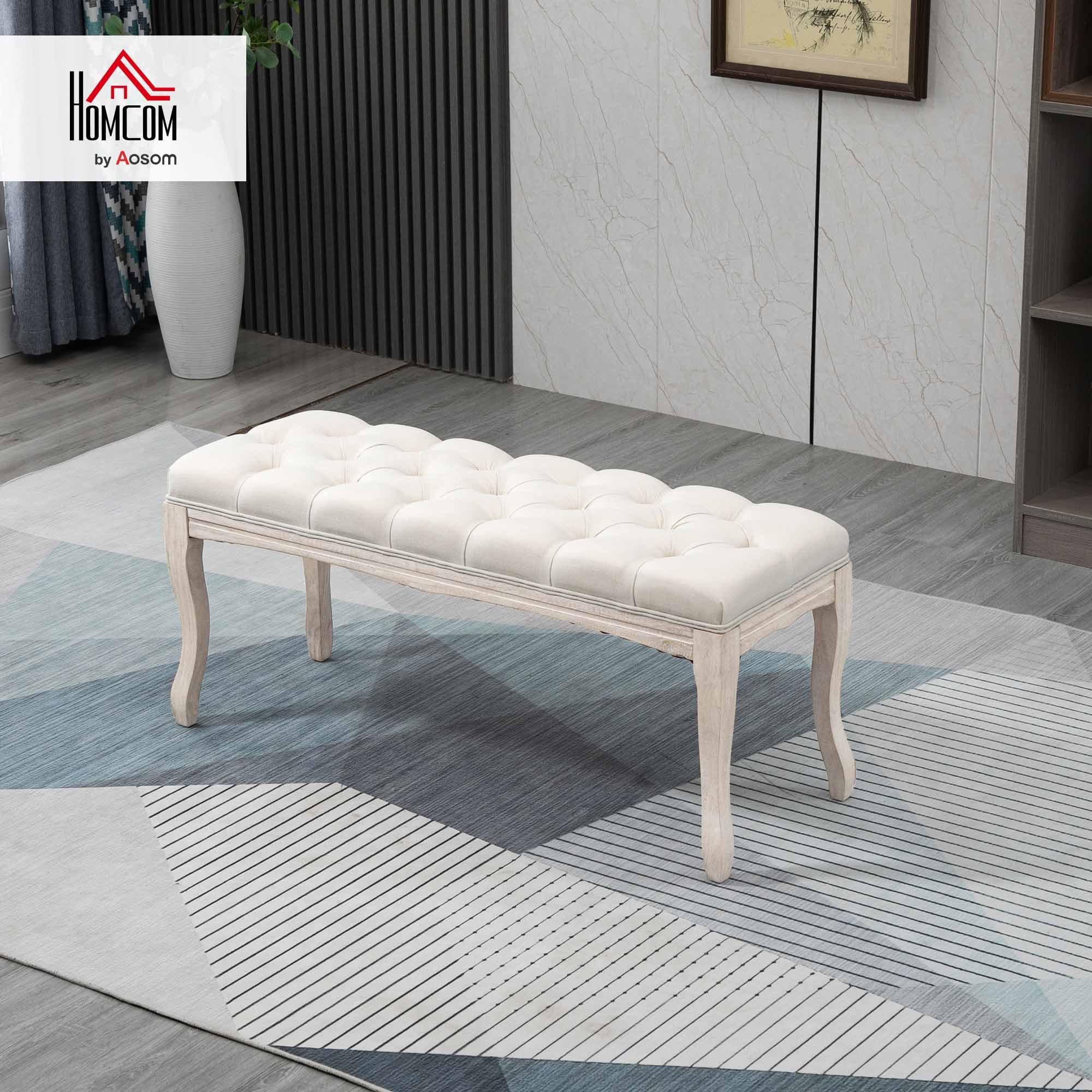 HOMCOM Banc Banquette capitonnée Style Classique 110 cm Bout de lit Rembourrée en Lin piètement Bois hévéa sculpté Lin Beige