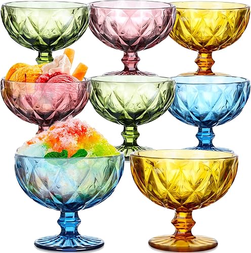 Mimorou Juego de 8 cuencos de vidrio para helado de 10 onzas, tazas de postre coloridas con pies, cuencos de vidrio vintage con diamantes para