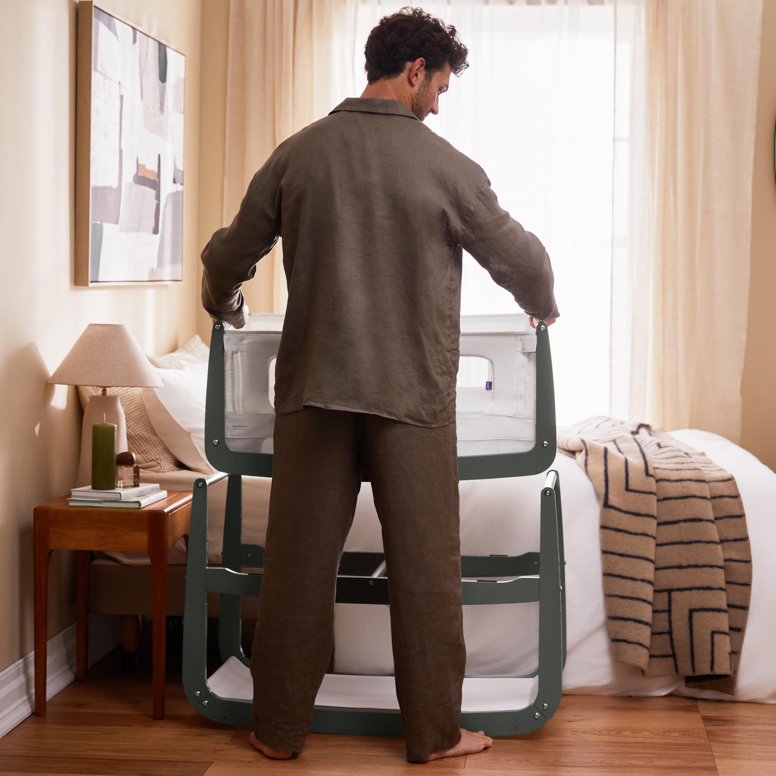 Snuz Pod 4 - Cuna Mecedora Junto a mí, Cuna con moisés elevable, Cuna portátil Ligera con Pared con Cremallera, colchón Transpirable 3D, 6 ajustes de Altura y Modo de inclinación cómodo, Salvia