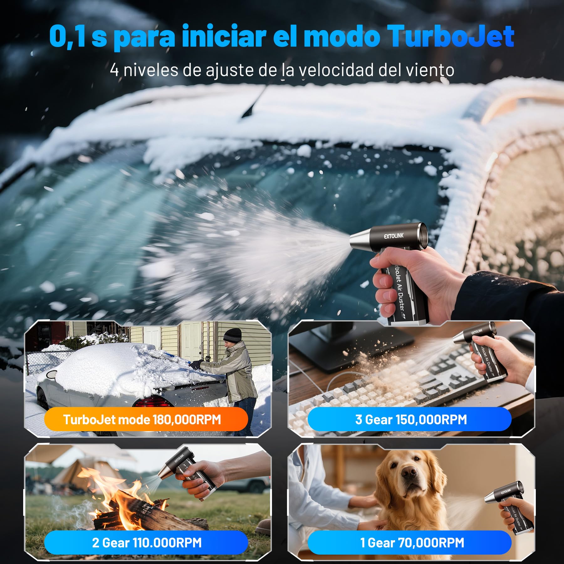 L8 Soplador de Polvo Eléctrico, 180000 RPM Aire Comprimido Limpieza PC, 4 Velocidades Recargable Soplador de Aire con Batteria 8000mAh, Para PC, Teclado, Portátil, Coche, Casa