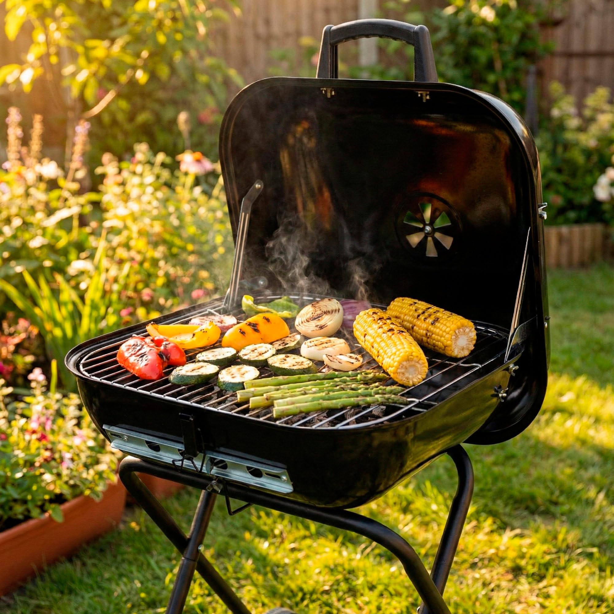 AKTIVE Barbacoa portátil con ruedas, Color negro, Mide 49x74x79 cm, Acero resistente, Patas plegables, Tapa con ventilación, Mini parrilla carbón extraíble (63178)