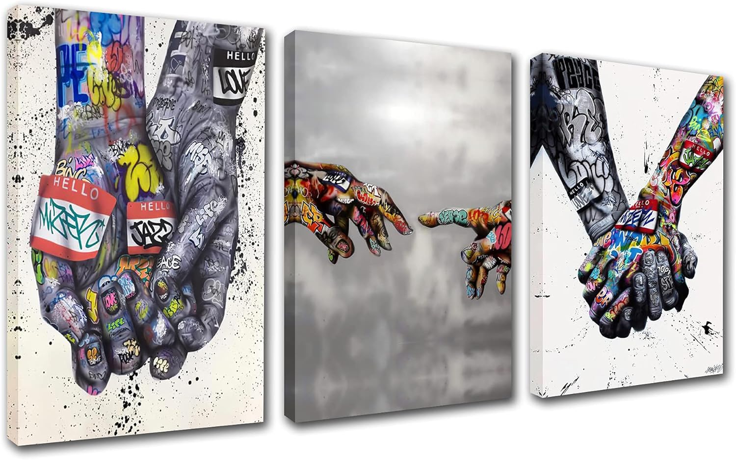 TUMOVO Banksy Street Art Decor Classic Graffiti Pictures Holding Hands Pop Paintings Aamd Hand of God Artwork 3 Panels Canvas Wall Art Man Cave Home Modern Decor Framed Ready to Hang(42''W x 20''H) 42''W x 20''H Artwork-13