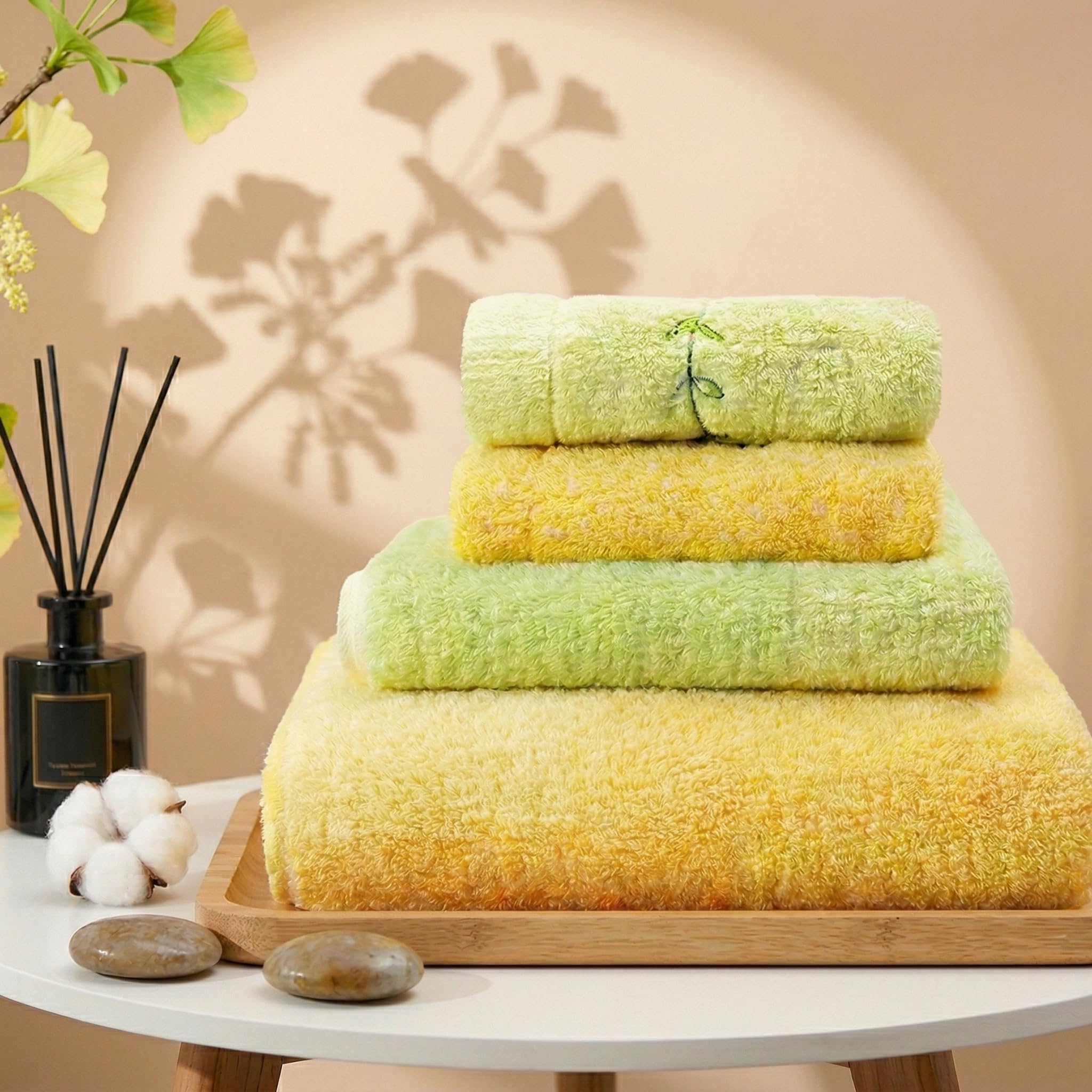 Vie TRIOMPHE Yellow Green 4 Piece Zero Twist Towel Set -1 Bath Towel 70x130cm 1 Face/Hand Towel 35x80cm 2 Facecloths Flannel 35x38cm 100% Cotton Highly Absorbent Quick Dry Soft Bathroom Towels