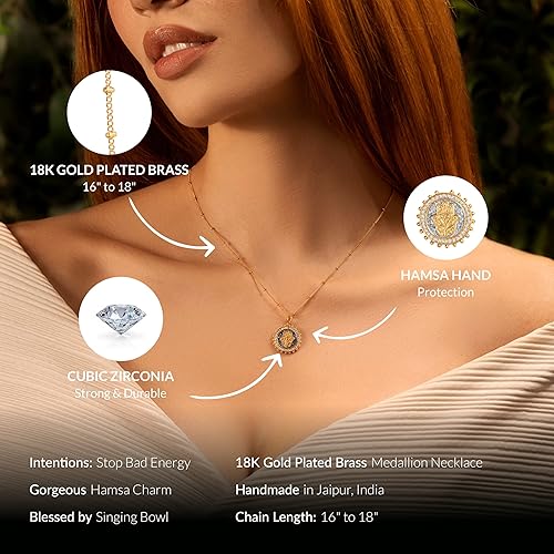 Miniatura 2 de KARMA AND LUCK - Precious Protection - Collar de latón chapado en oro de 18 quilates Hamsa Medallón Hamsa de 16 a 18 pulgadas hecho a mano con amor