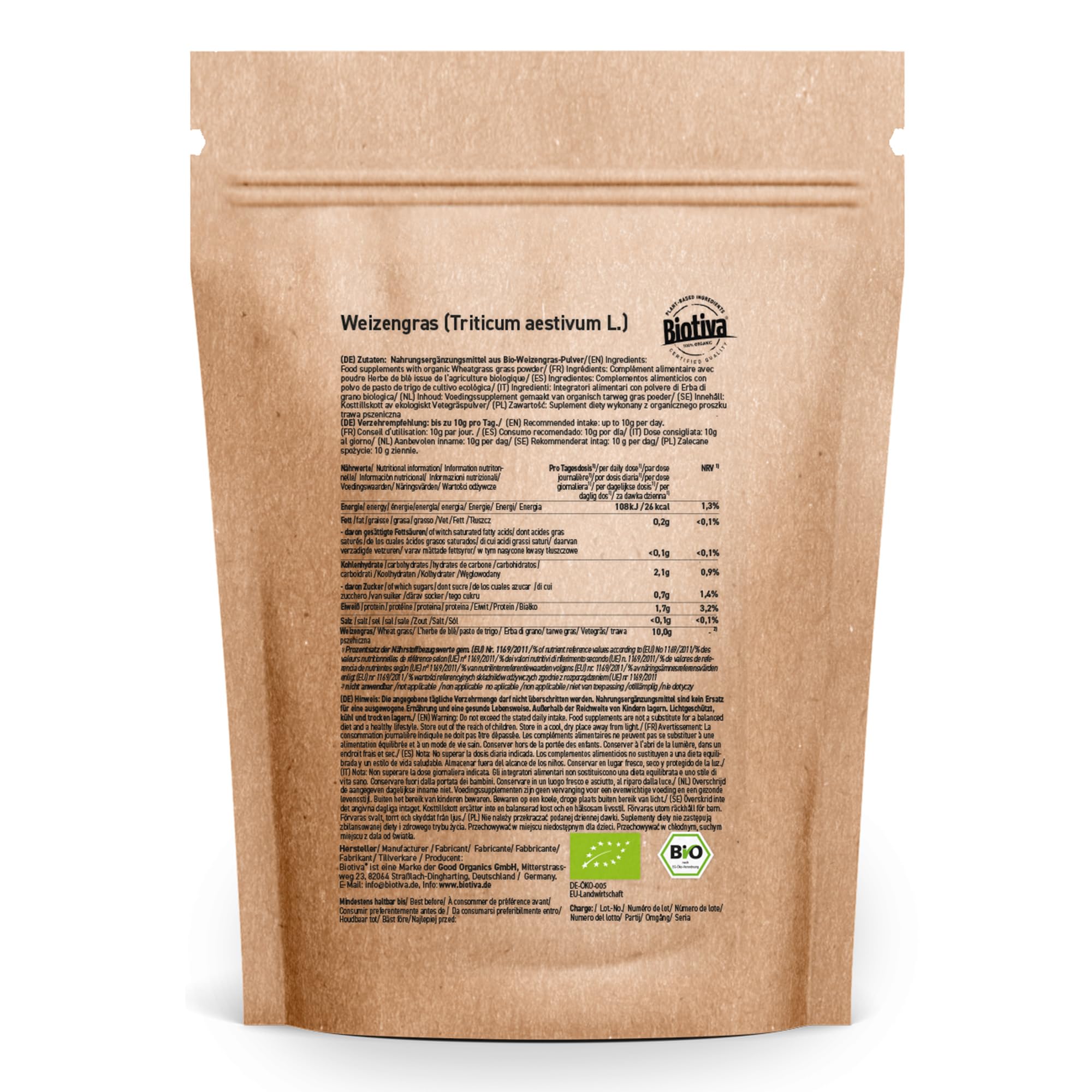 Biotiva Polvo de hierba de trigo orgánico 1000g (2x 500g) - polvo fresco de hierba de trigo fina - llenado y verificado en Alemania (DE-ÖKO-005)