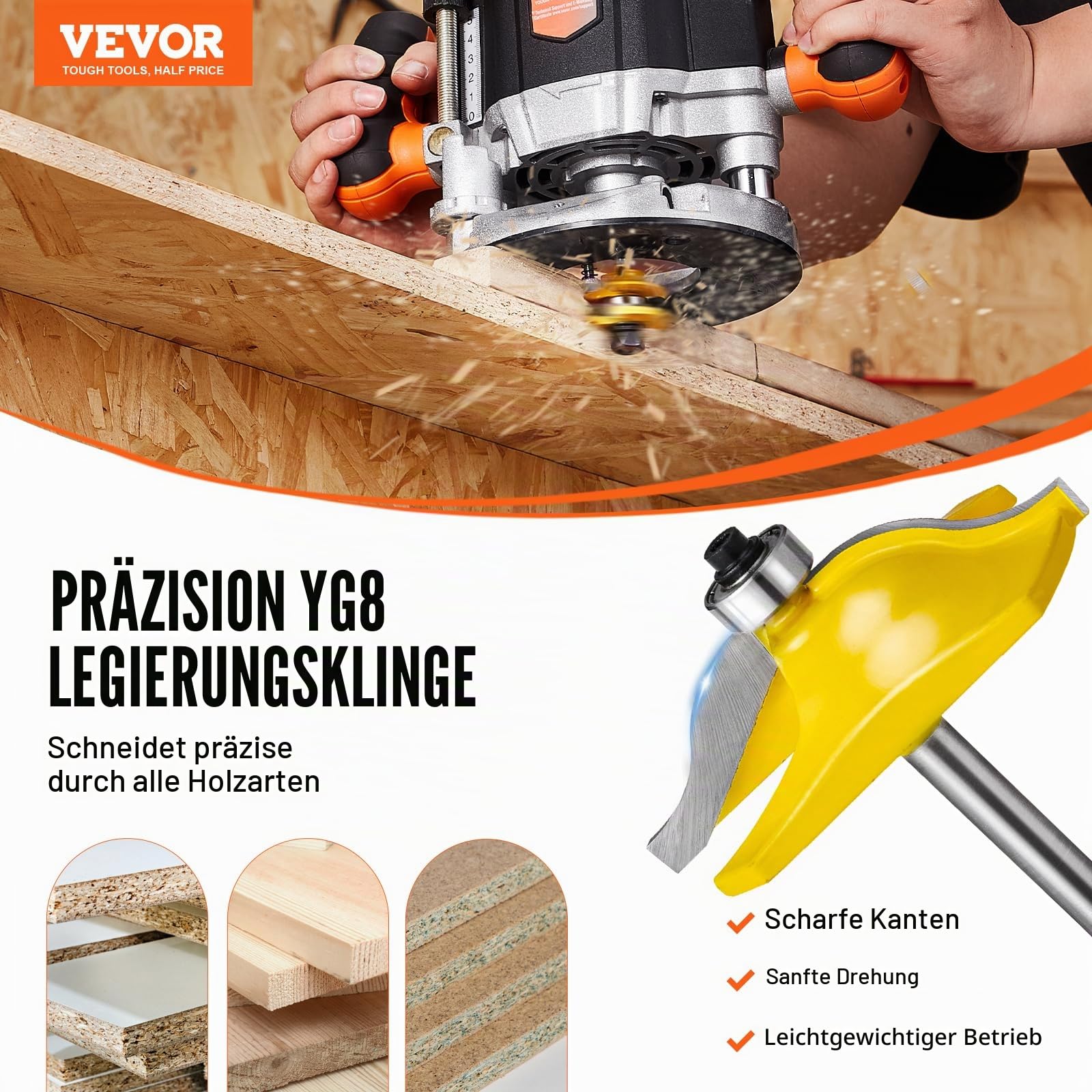 VEVOR Fräser-Trio, 3-teilig, langlebige Hartmetallspitzen, 1/4-Zoll-Schaft, inkl. Aufbewahrungskoffer aus Holz, ideal für Holzarbeiter aller Niveaus, geeignet für Holz, MDF, Spanplatten und Sperrholz