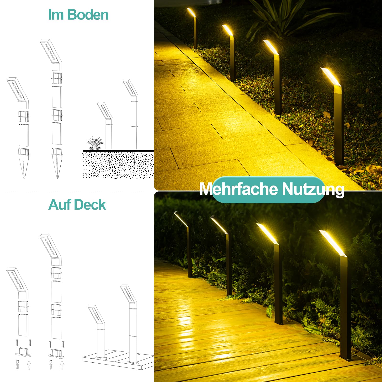 AGOTD Solarleuchte für Außen Garten, 4 Stück Solarlampen mit 3 Lichtmodi Wegeleuchten, IP55 Wasserdicht Solar Gartenleuchte für Garten, Deck, Rasen, Hof, Weg, Einfahrt