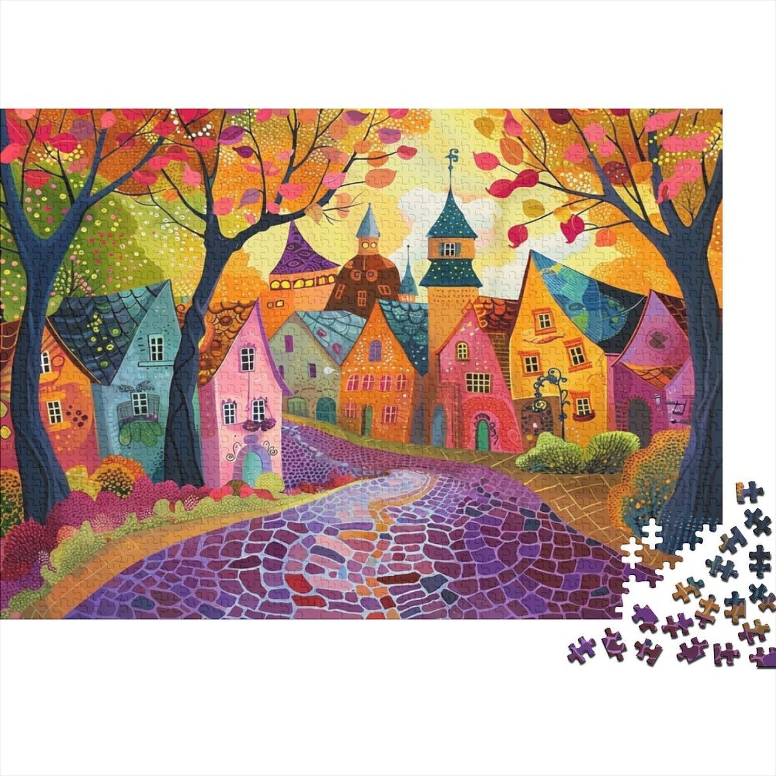 Colorful Village Scene Jigsaw Puzzles Puzzles for Adults Kids. 1000 Piece Whimsical Challenge Toy Educational Games Home Decoration for Adults& Kids Age 14 Years Up 38x26cm/1000pcs โ image 1