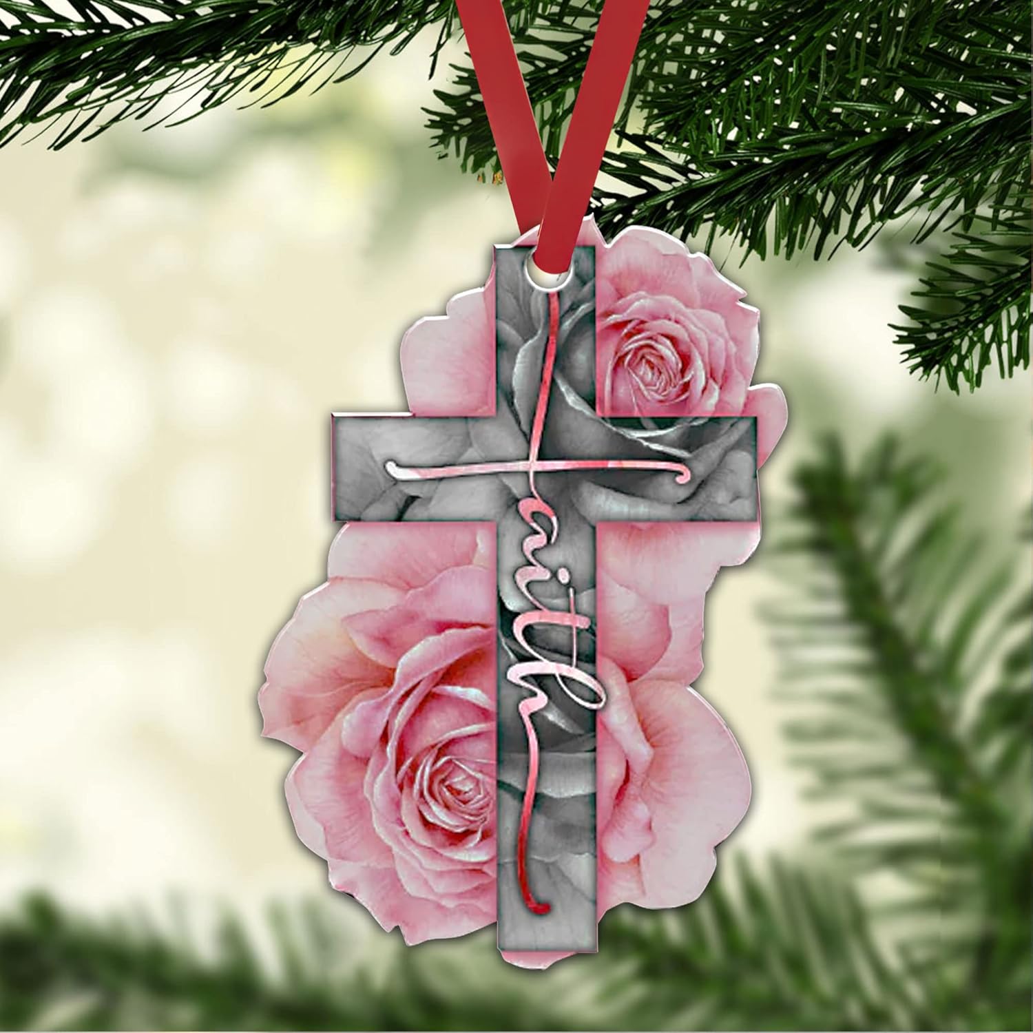 Talataca Pink Cross Rose Rosy God Faith Christian Jesus 2D Flat Car Rear View Mirror Accessories Christmas Tree Ornament Decoration Hanging Charm Interior Rearview Pendant Decor Gift - Image 6
