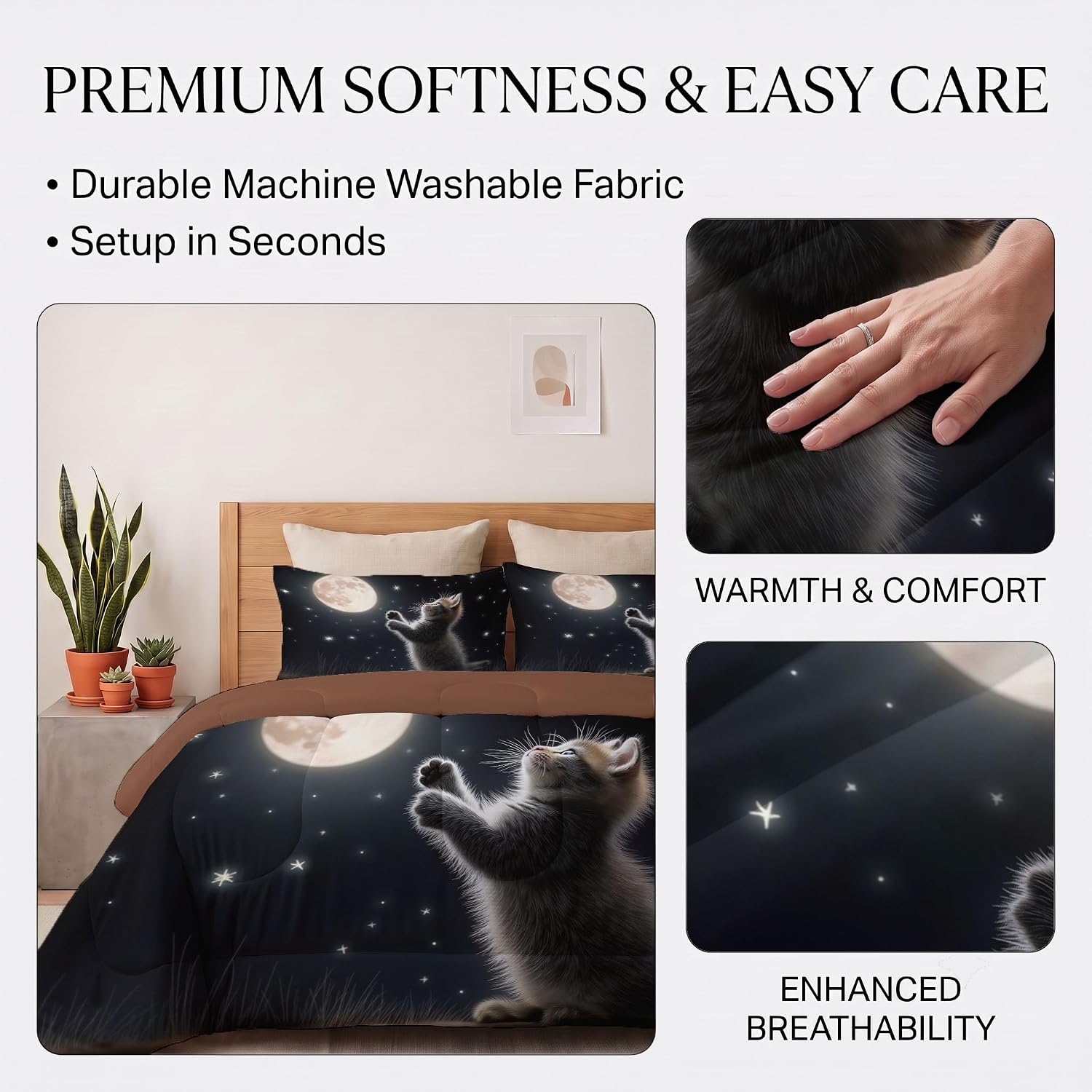 Dreamy Healing Comforter Set Full Size, Starry Sky Cat Bedding Set for Girls Boys, Black and Gray Quilt Bed 79"X90" Bedding Comforter Sets with 2 Pillowcase Room Decor