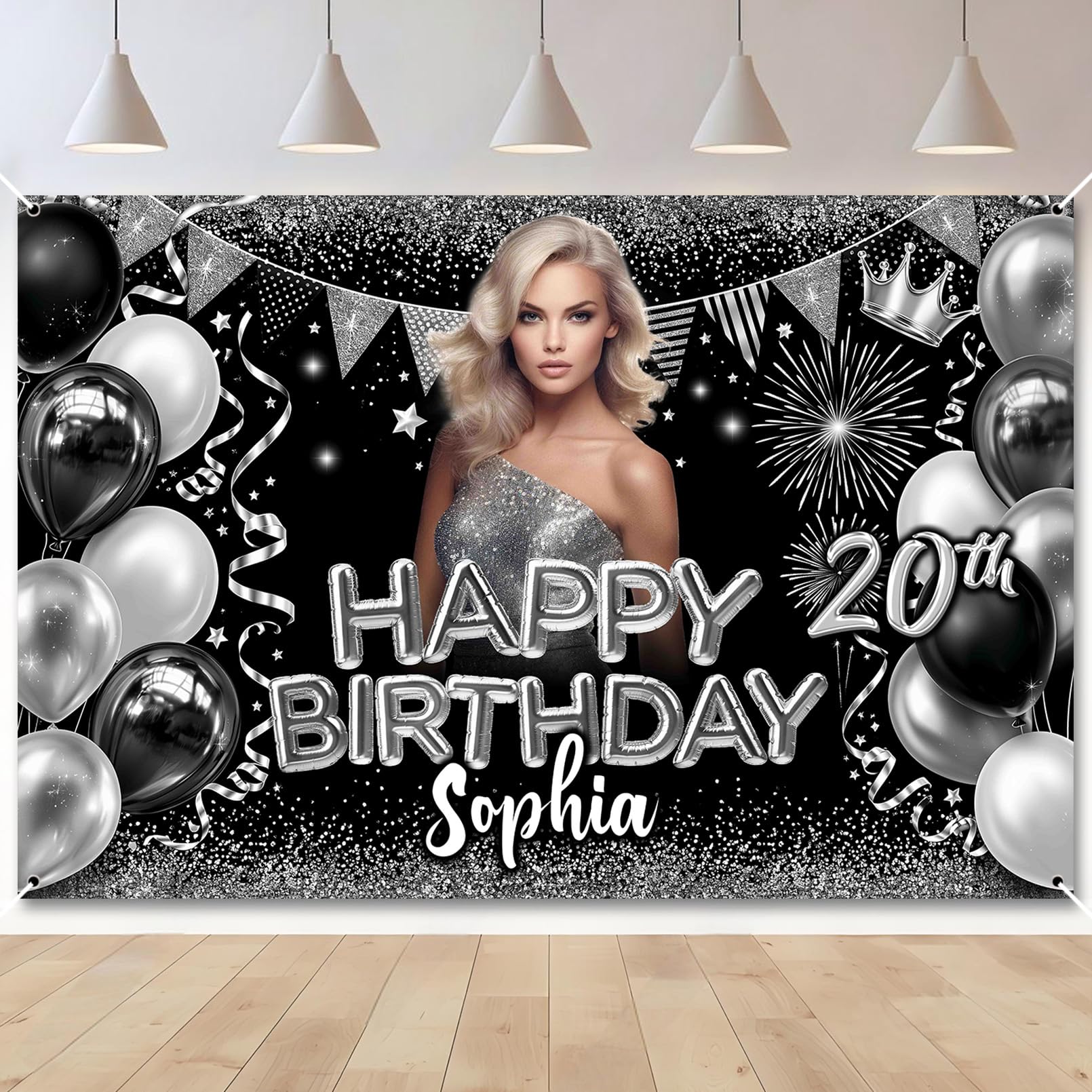 Custom Black White Birthday Banner Add Photo Name Age Party Banner Decor — image 1