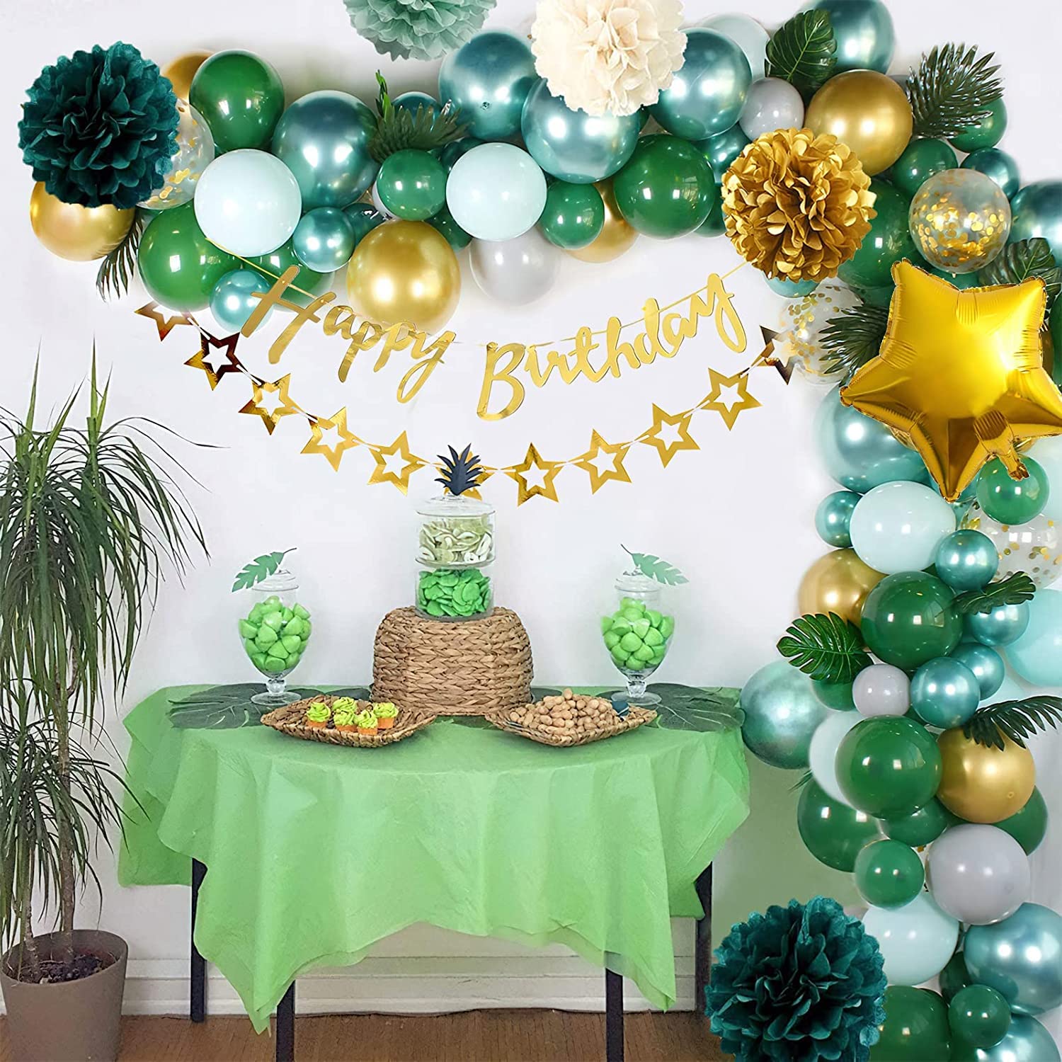 Kit Décoration Anniversaire Vert - Guirlande 'Happy Birthday', Pompons, Ballons Avec Confettis - Pour Fête D'anniversaire