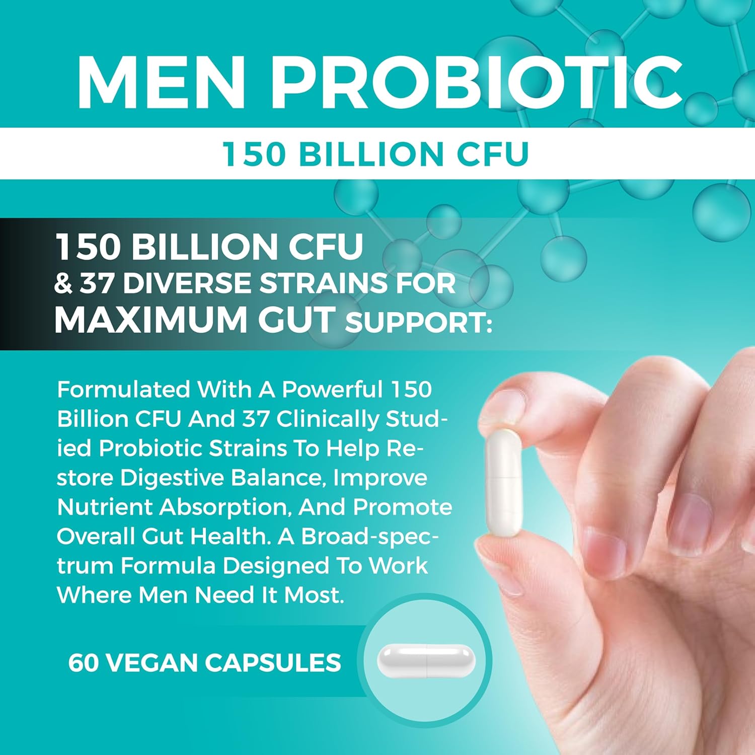 8-in-1 Bio Cultures Complex for Men – 150 Billion CFU Probiotics with 37 Diverse Strains, Organic Prebiotics, Postbiotics & Digestive Enzymes – Supports Digestive Balance & Gut Microbiome - Image 7