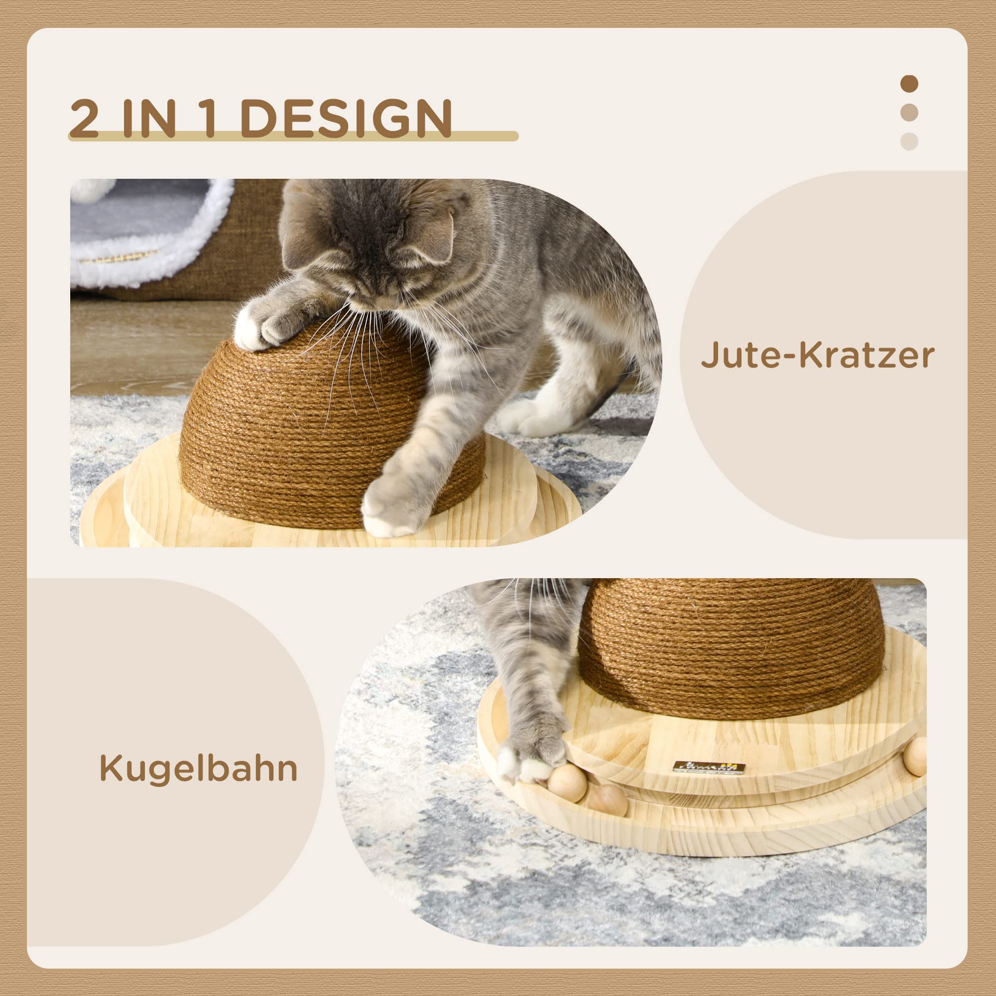 PawHut Interaktives Kratzspielzeug, 2-in-1-Design Katzenspielzeug mit Kugelbahn und Kratzbrett, Kratzmöbel für Katzen, Jute, Kiefernholz, Natur+Kaffee, 39,5 x 32,5 x 14,5 cm