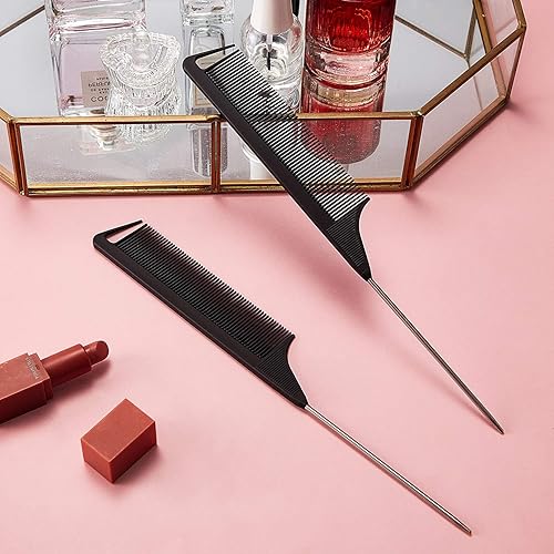 Miniatura 8 de Boao Paquete de 12 peines de cola de rata, peine de pelo negro, acero inoxidable, fibra de carbono, resistente al calor, para mujeres, trenzas y