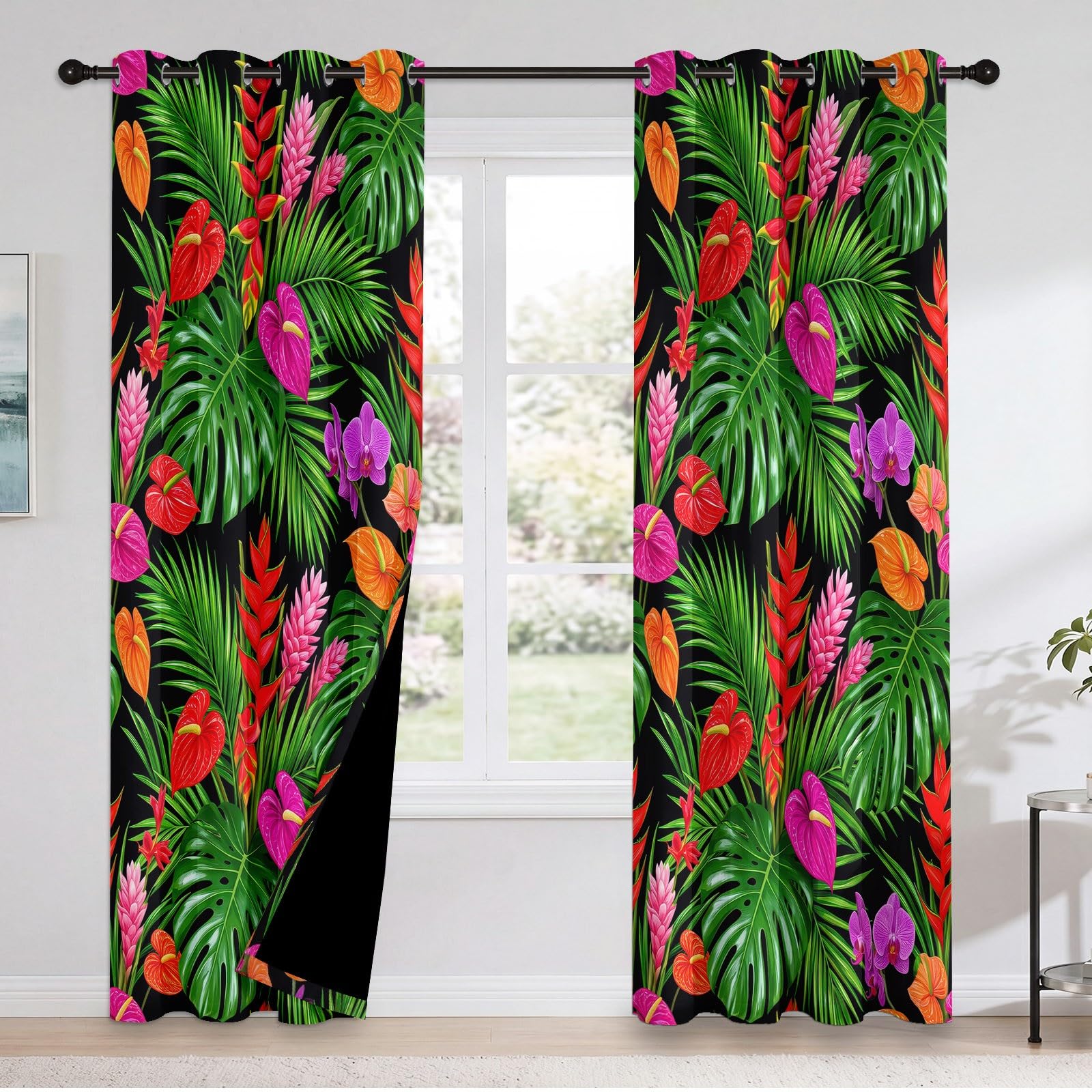 Grün Natürlich Tropischer Stil Vorhänge, Pflanzen Monstera Blumen Anthurien Orchideen Wärmeisolierte Raumverdunkelnde Vorhänge, Energieeffiziente Vorhang für Wohnzimmer Schlafzimmer, H245 x B100 cm