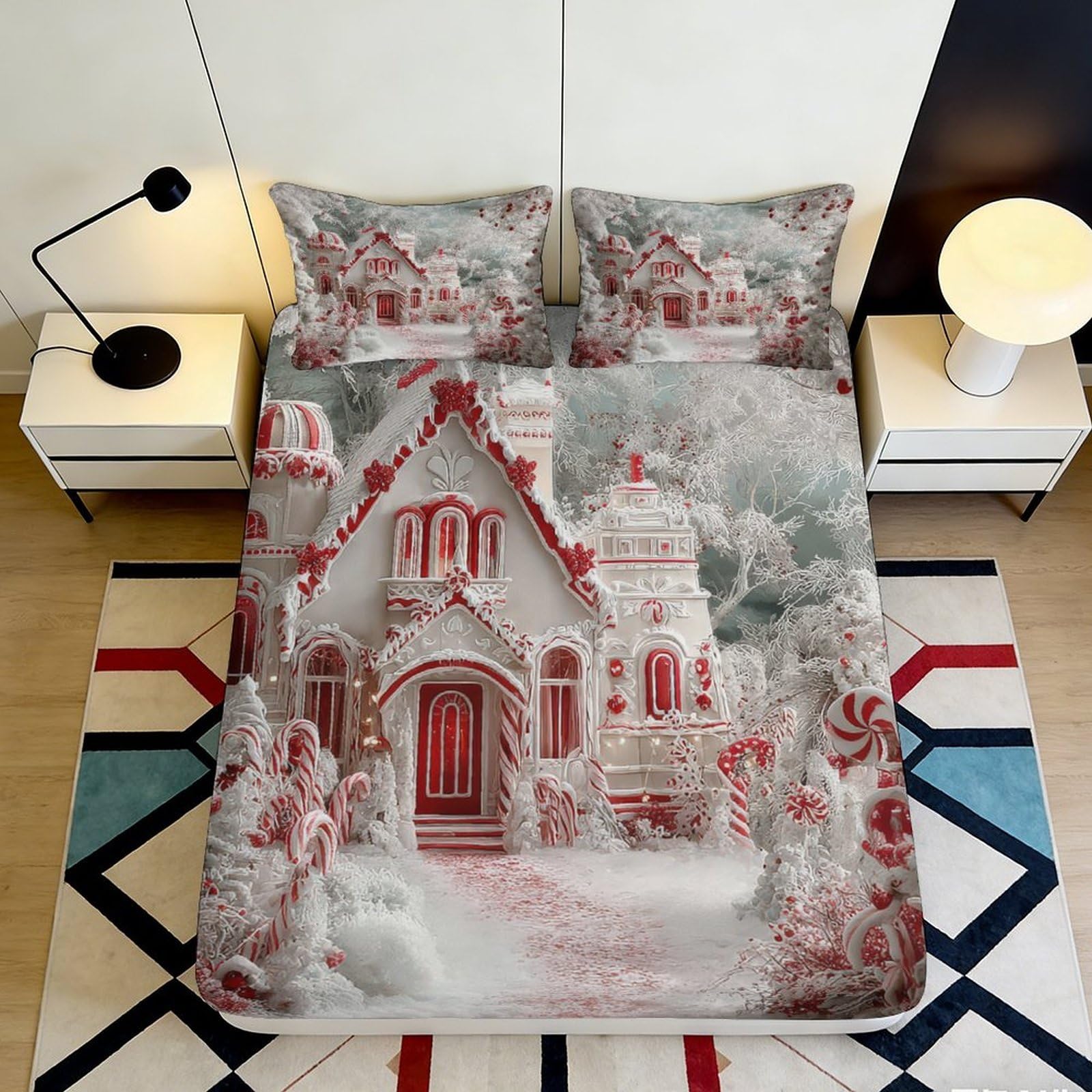 3D Printed Snowy Cottage Fitted Sheet Microfiber Soft Red Winter House Mattress Cover for Bedroom Guest Room Decor 90x200x25cm