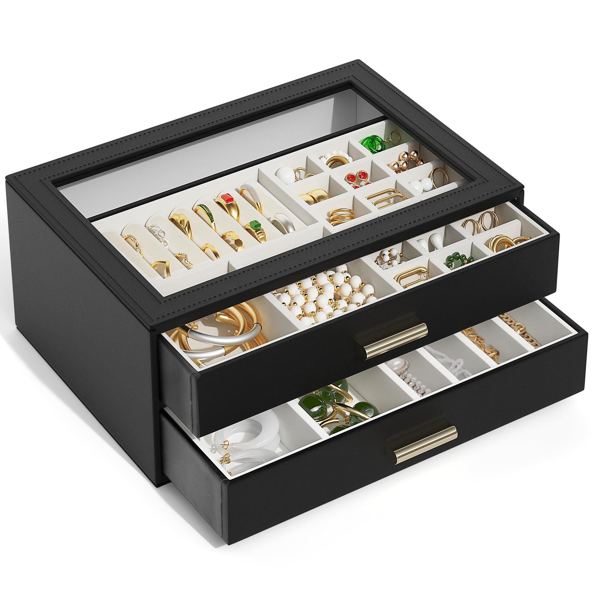 AKOZLIN Joyero con tapa transparente de cuero funcional, organizador de almacenamiento de joyas, 2 cajones para mujeres y niñas, c