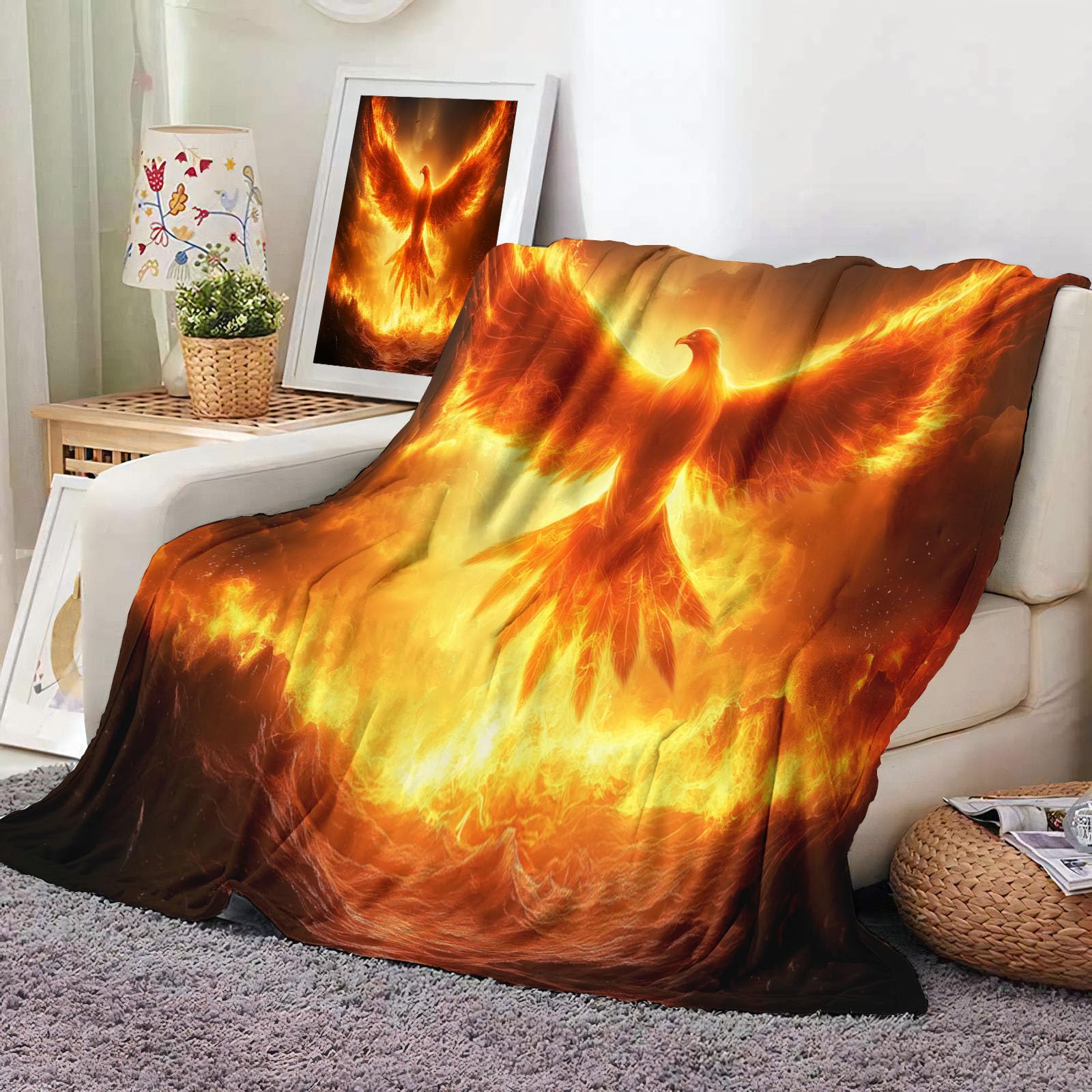Couverture Phénix Enfant 130x150cm Plaid Orange Doux pour Lit et Canapé