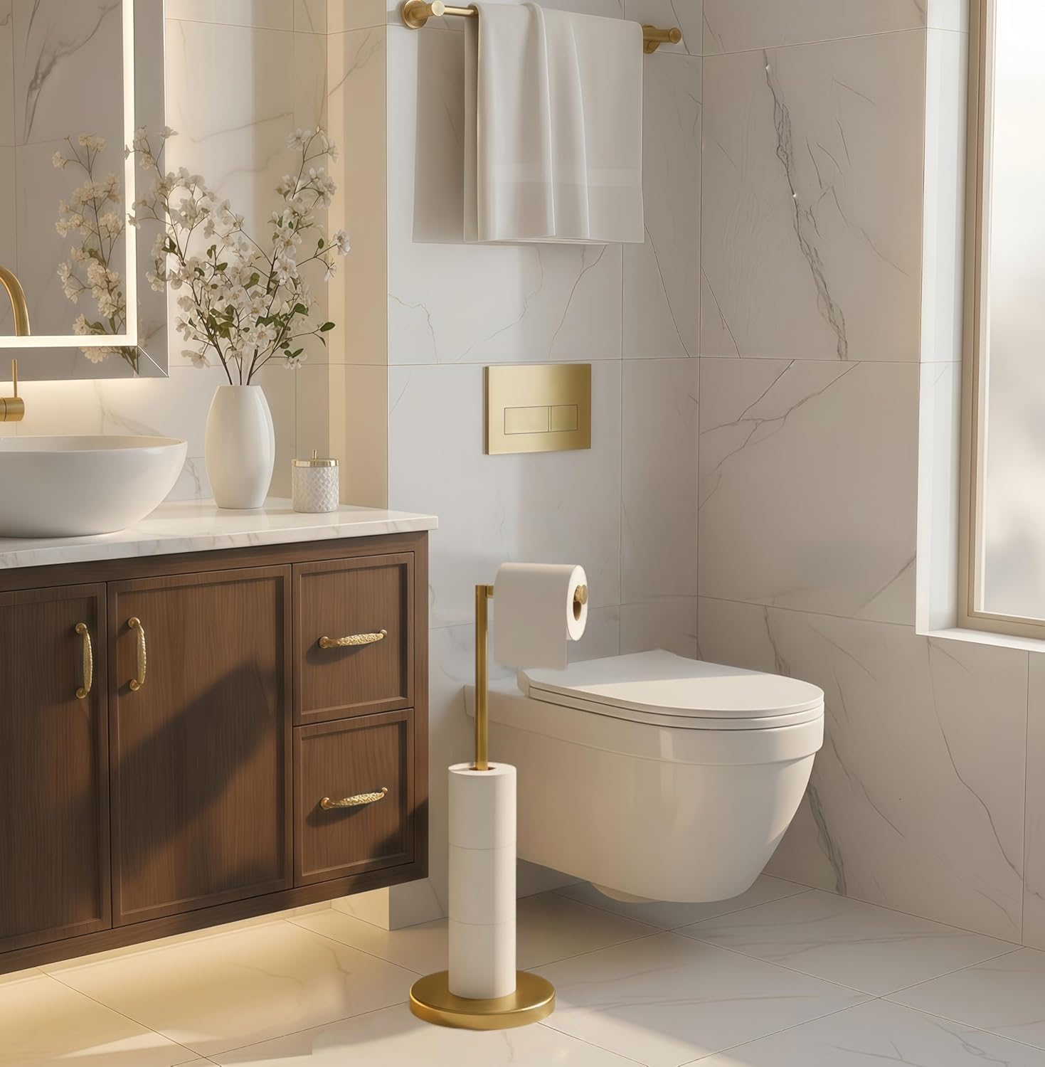 FORIOUS Toilet Paper Holder Stand, Modern Freestanding Tissue Roll Holder for Bathroom, Durable 304 Stainless Steel and Weighted Base Toilet Paper Stand, toilet paper storage for 4 Rolls, Brushed Gold