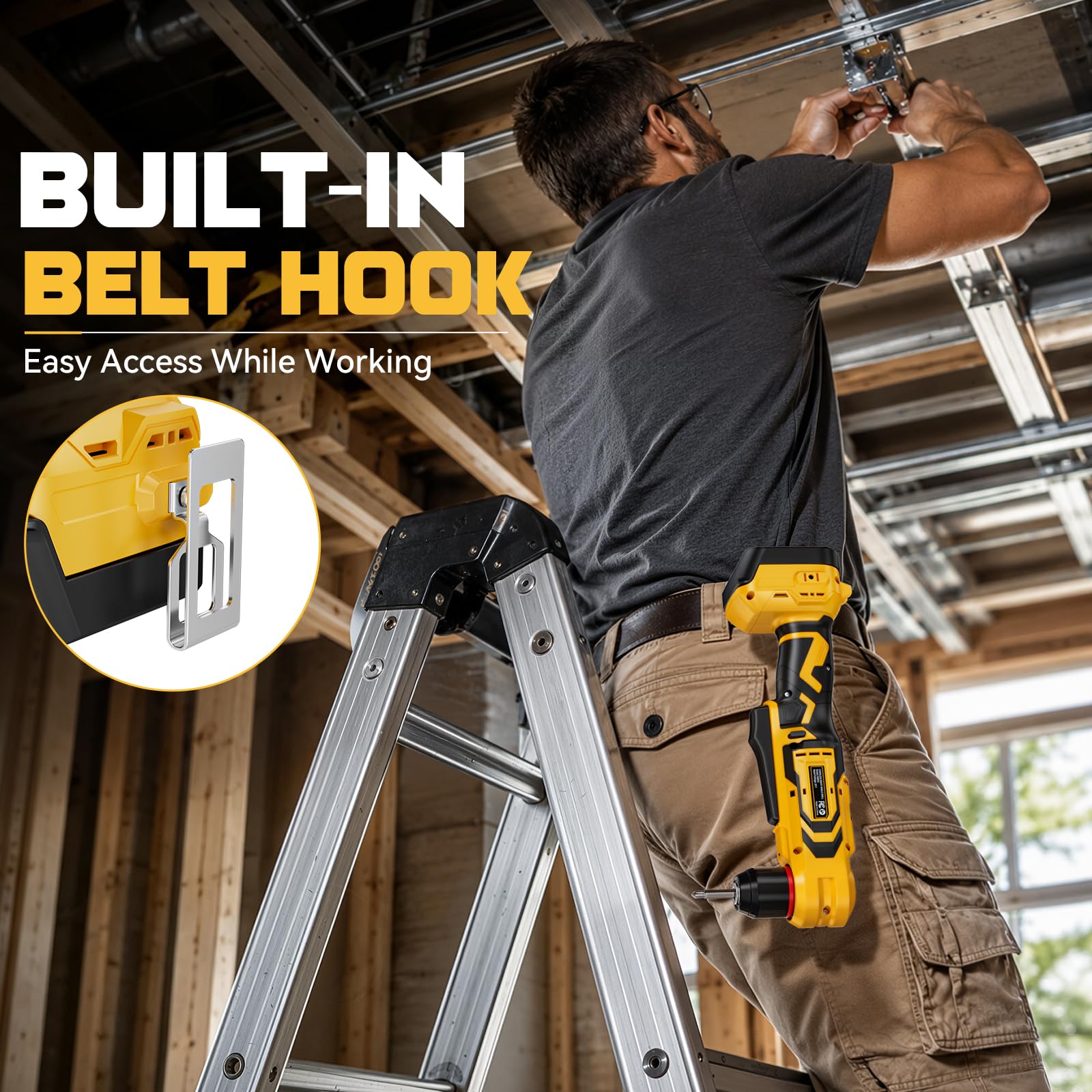 DIYtoolifz Trapano ad angolo retto senza fili compatibile con batteria Dewalt da 20 V, trapano angolare da 1 cm con motore brushless, 45,19 N·m, 2 velocità e luce LED, compatto per spazi ristretti