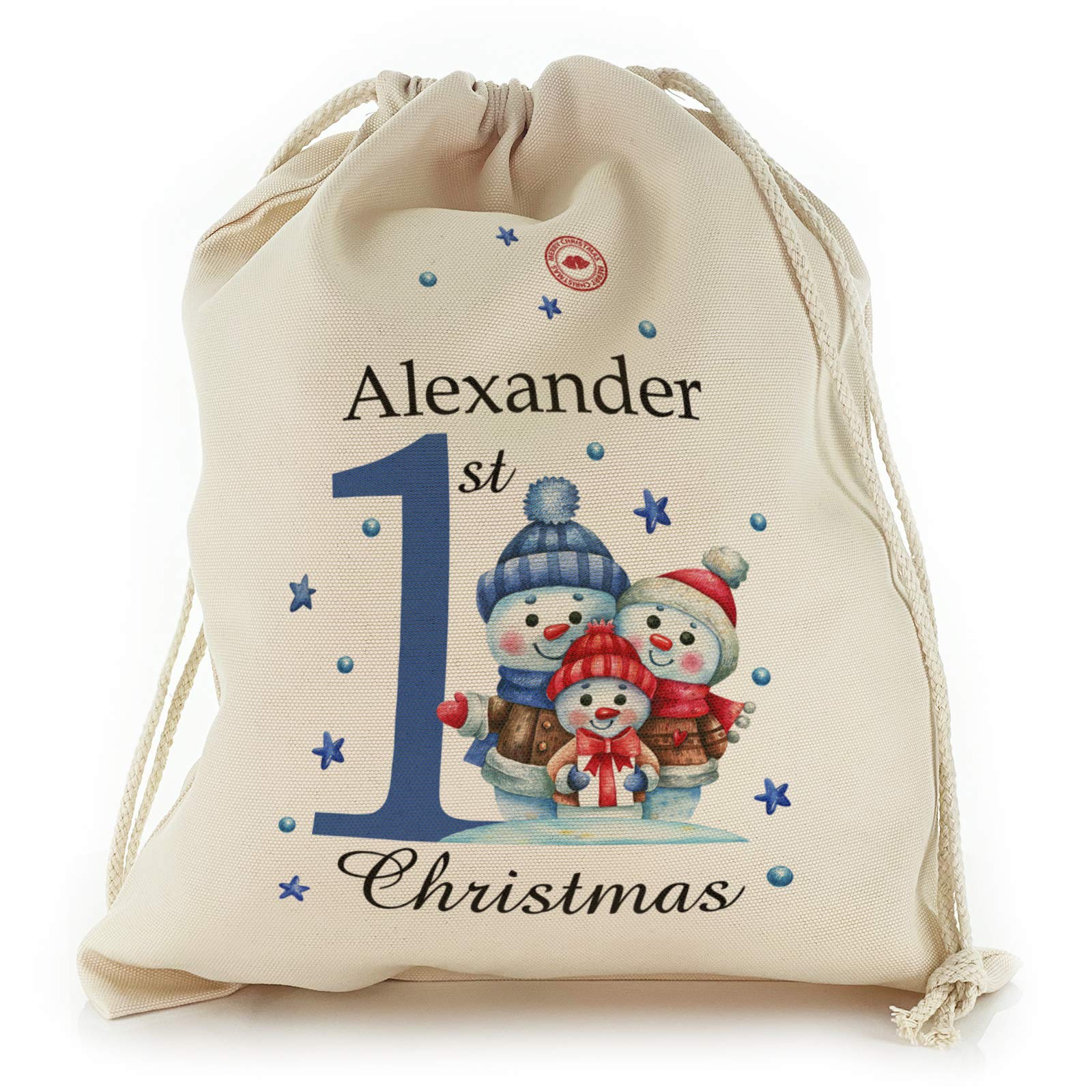 Personalised Gift Bag For Christmas, with Baby Boy Blue 1st Christmas Design Print, Reusable, Xmas Drawstring Sack Customised with With Name/Initials/Text, Sizes: XXS, XS, S, M, L, XL