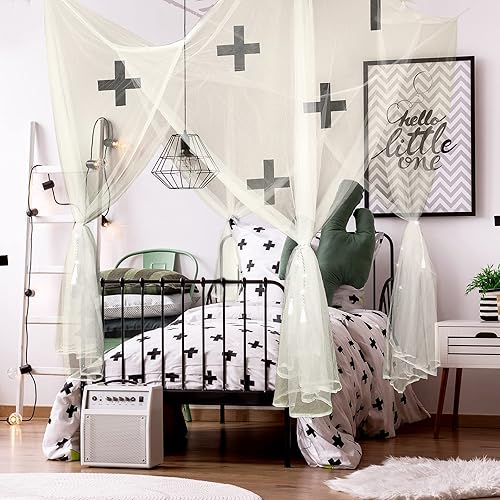 Vista 6 de 4 postes de esquina Mosquitera cortinas de cama grandes mosquiteros para dormitorio, decoración de princesa, cortinas con 4 colgantes de borla