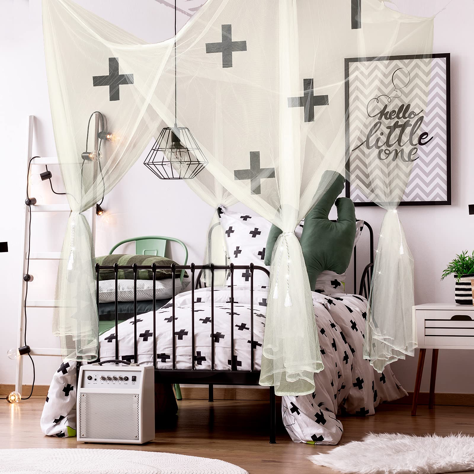 4 postes de esquina Mosquitera cortinas de cama grandes mosquiteros para dormitorio, decoración de princesa, cortinas con 4 colgantes de borla para cama matrimonial, Queen, King (beige) 6