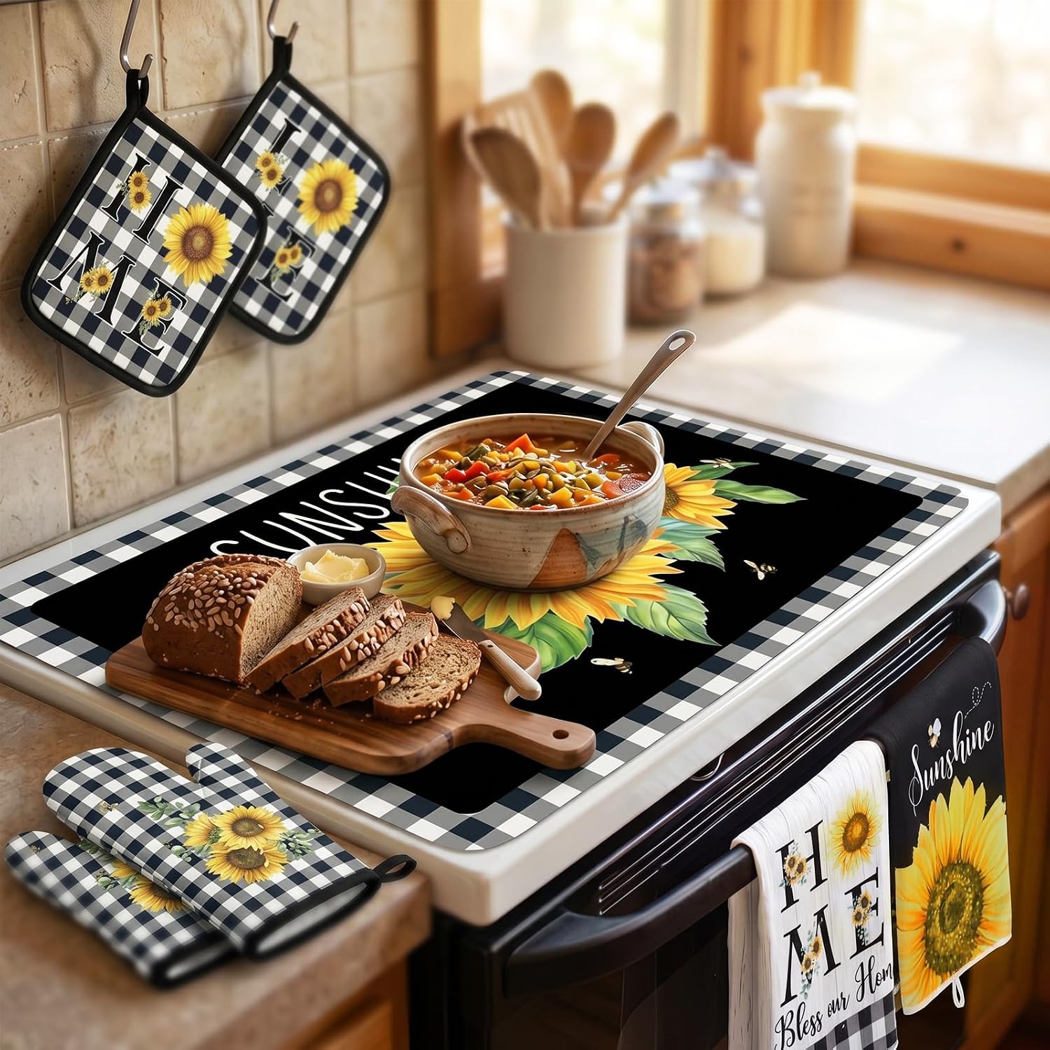 Fourluoo 7 Pcs Summer Sunflower Buffalo Plaid Kitchen Decor and Accessories Set Farmhouse Kitchen Towels, Stove Protector, Oven Mitts and Pot Holders for Women Mom Gift Cooking Baking Grilling