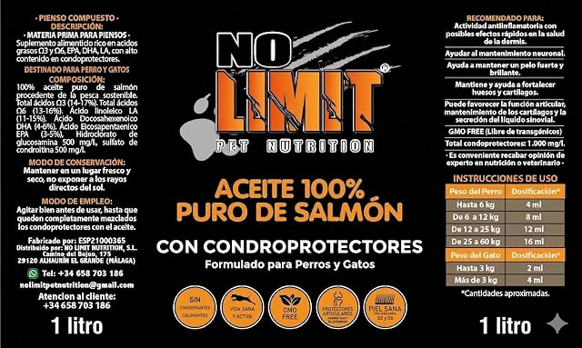 Foto 6 de 6 de NO Limit Aceite de salmón para Perros y Gatos con condroprotectores