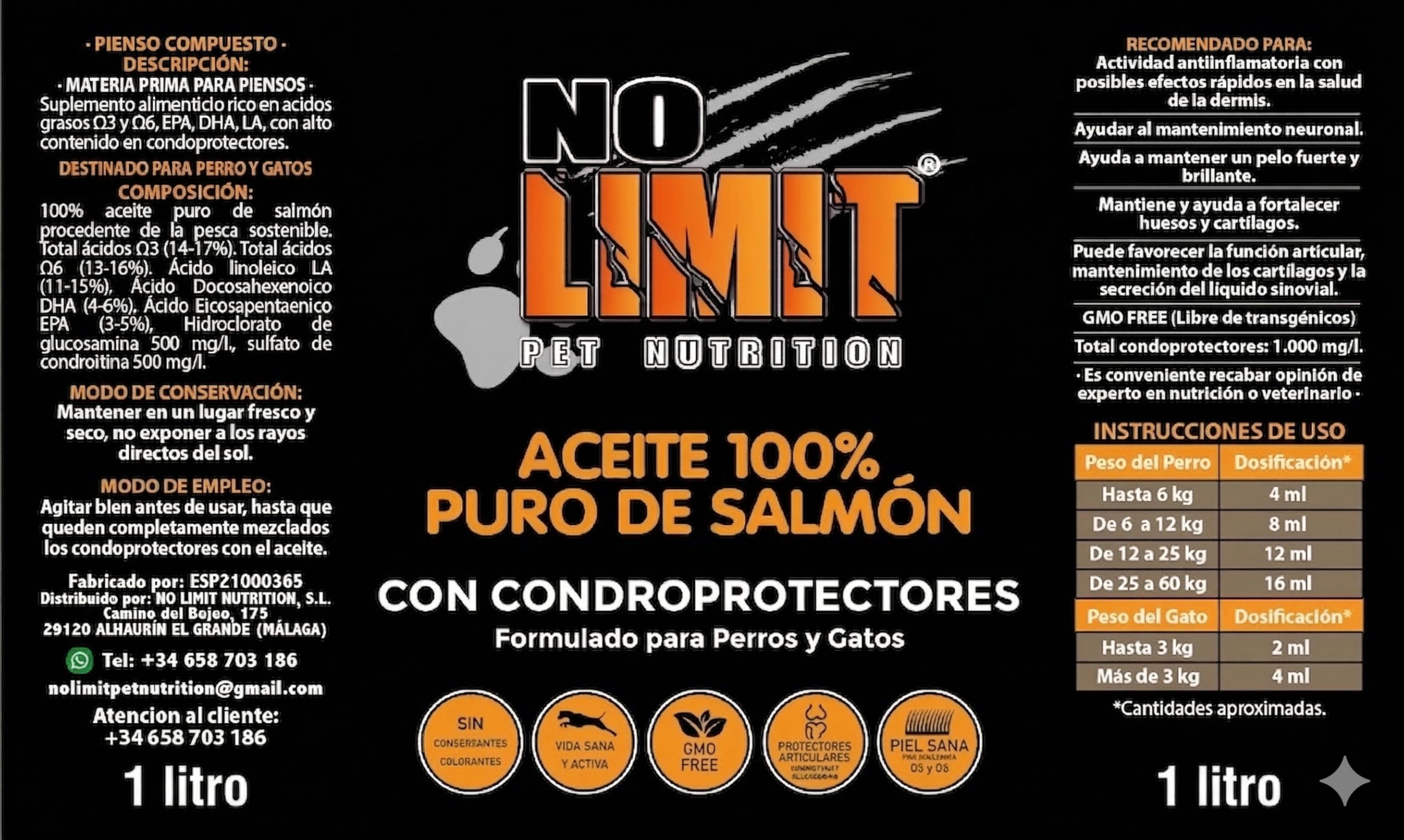 NO Limit Huile de saumon pour chiens et chats avec chondroprotecteurs – Huile de saumon riche en oméga 3 pour articulations, peau et cheveux sains (1 L)