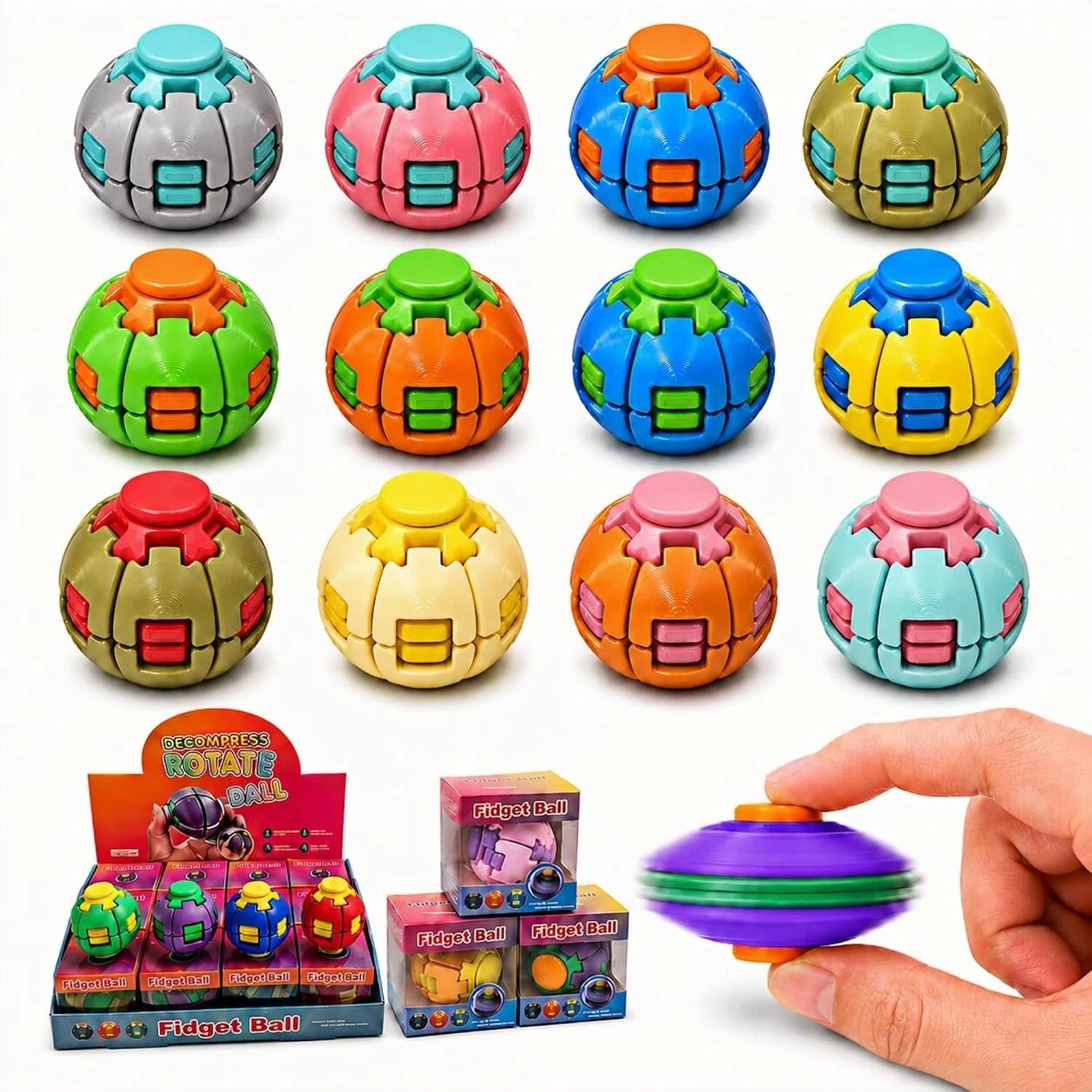 Gemmicho 12 Pack Fidget Toys, HelixCore Spinner Balls, Press to Spin Toys | Press to spin fidget, colorful spinner ball, sensory desk toy, stress relief toy, office gadget, 3D printed collectible