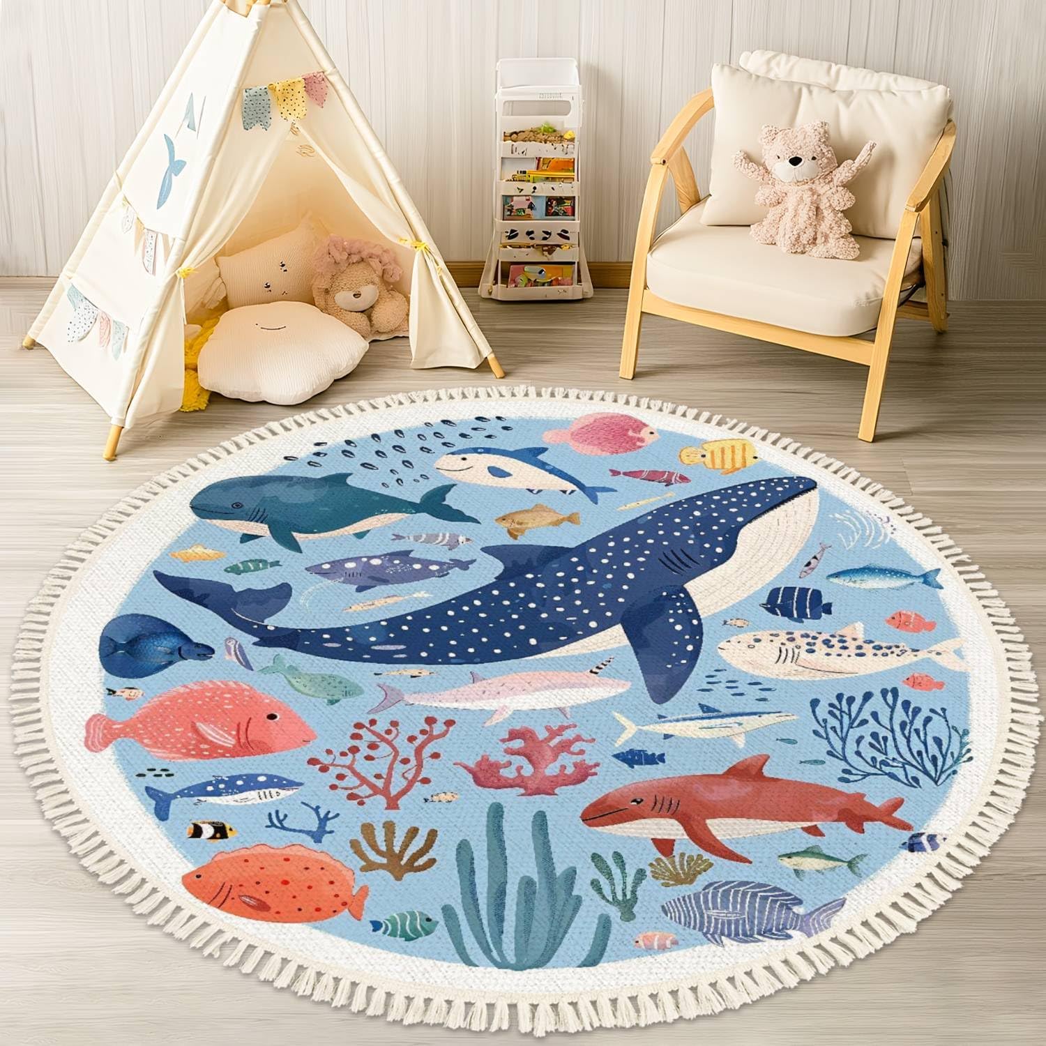 Round Rugs Cartoon Ocean Underwater Animals Seahorse Whale Fish Ocean sea Animals Boho Area Rug Linen and Cotton Carpet Meditation Rug Washable Hallway Runner Mat Accent Rug for Bedroom Nursery 3ft