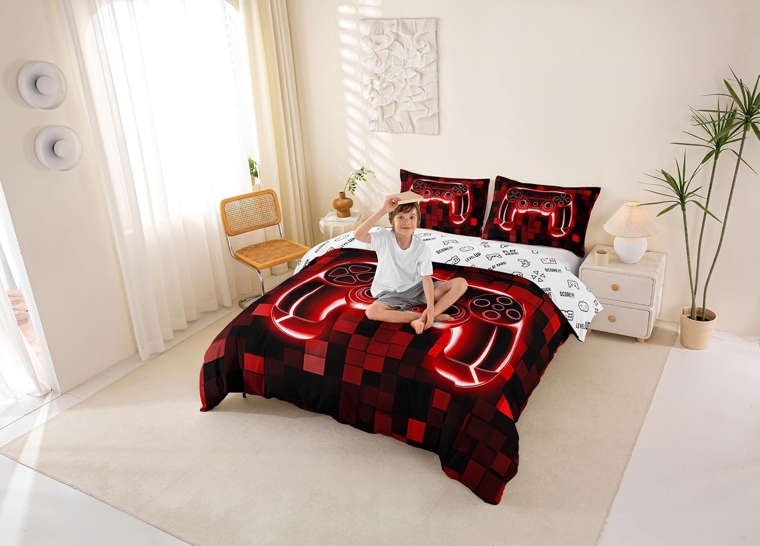 Manfei Gamepad Duvet Cover Set Full Size,Gaming Geometric Check Video Games Kids Bedding Set,Pixelated Miners Neon Lights Room Decor,Red Quilt Cover,2 Pillowcases(No Comforter)