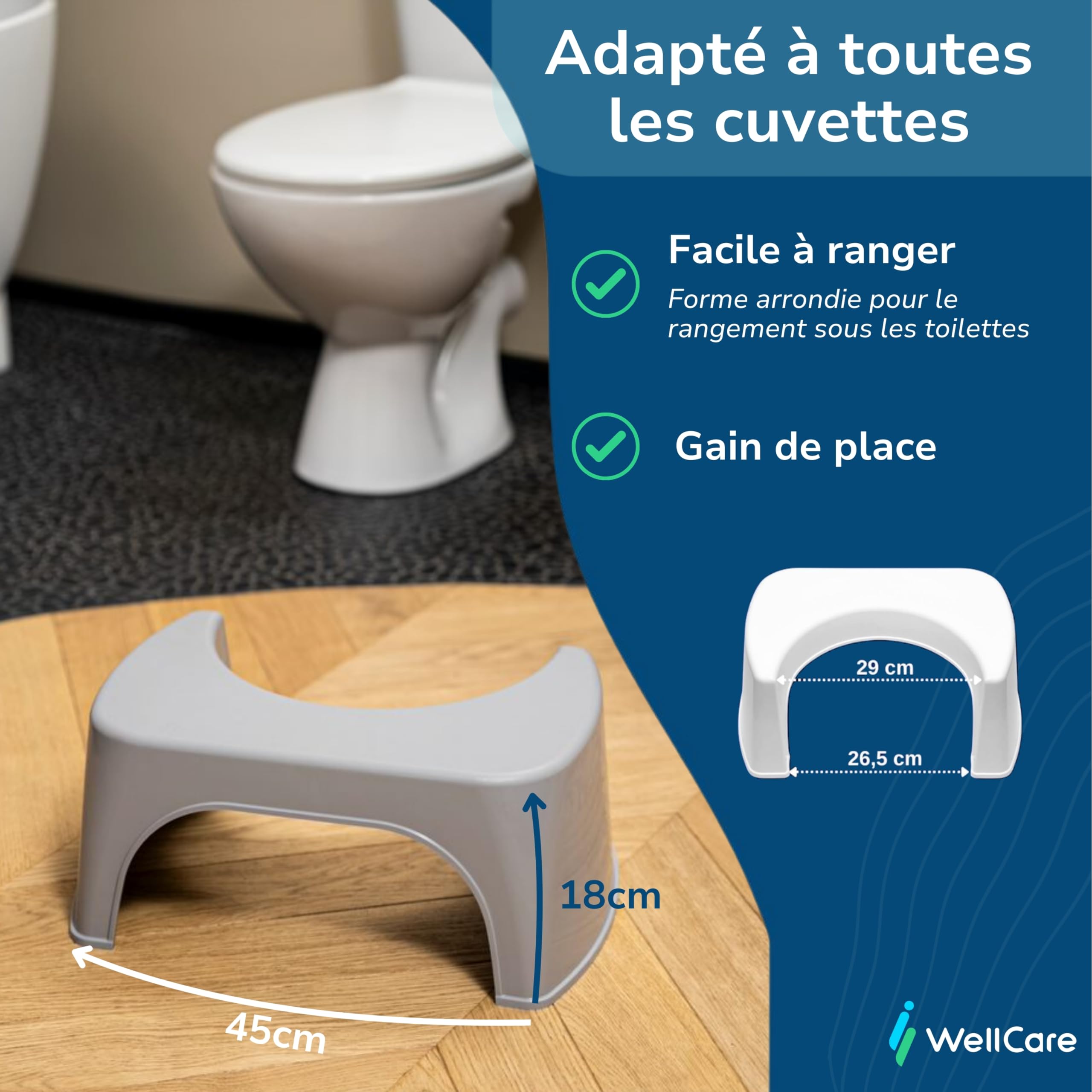Tabouret de Toilette Physiologique Gris - Fabriqué en France en Plastique Recyclé - Marche Pied WC pour Adulte - Petit Banc Repose Pied pour Adopter la Position Squatty Anti Constipation