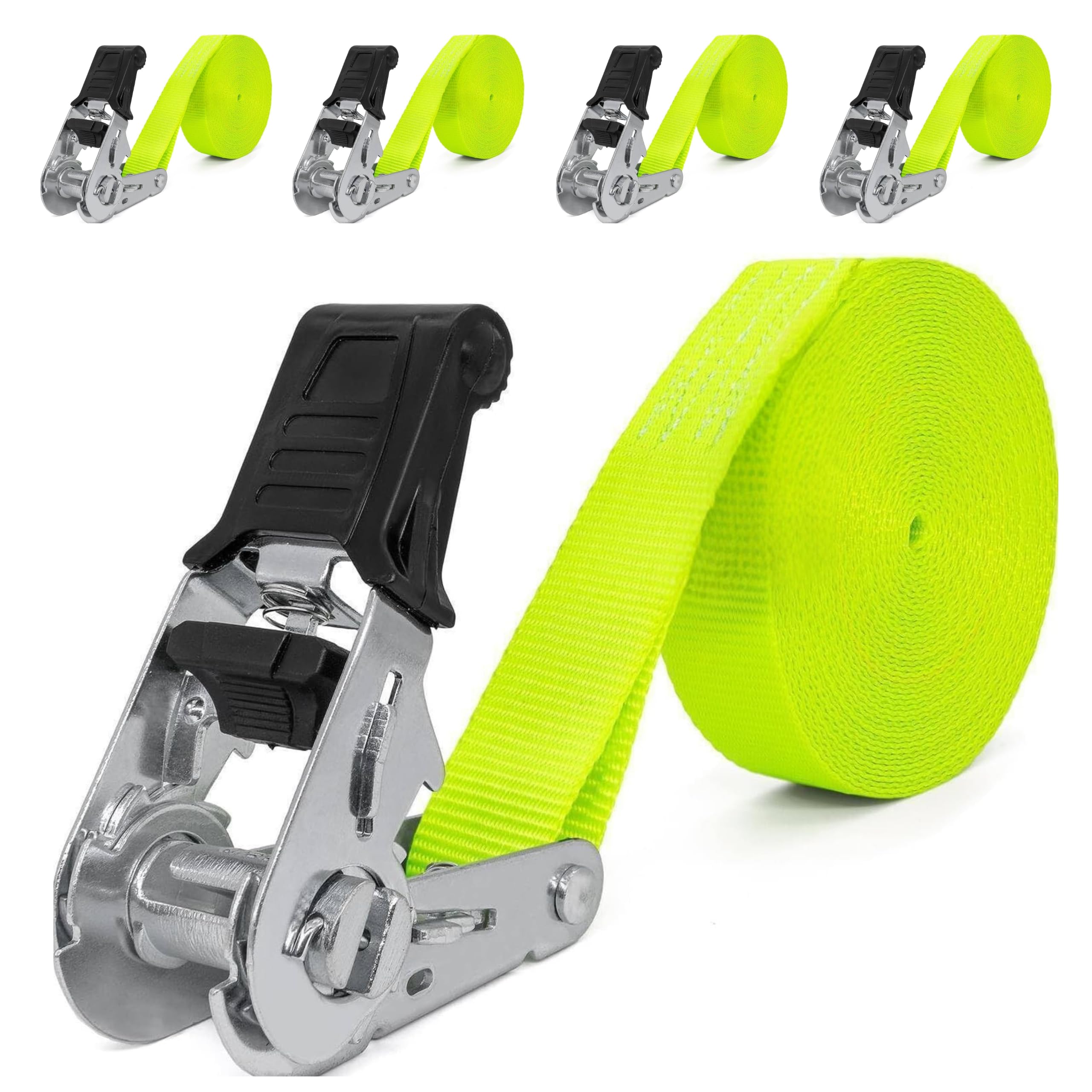 4 Stück Spanngurte mit Ratsche (4m/6m) - 800kg 25mm - in Orange oder Grün Ergolash - Spanngurt, Zurrgurt einteilig – Ratschengurt für Motorrad (Grün (Ergolash), 6m)