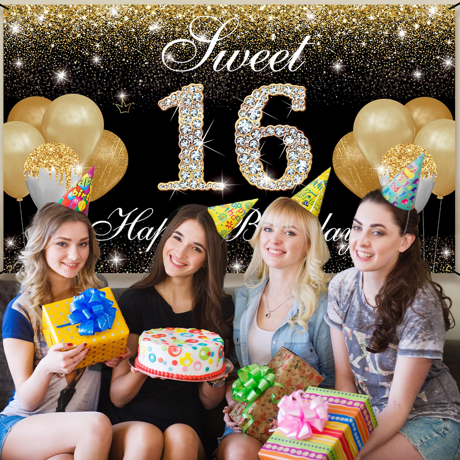 Sweet 16 Birthday Decorations Photo Banner in Gold Pre-assembled - Sweet 16 Banner WITH Sixteen Photo Card Frames Party Supplies - Happy 16th birthday