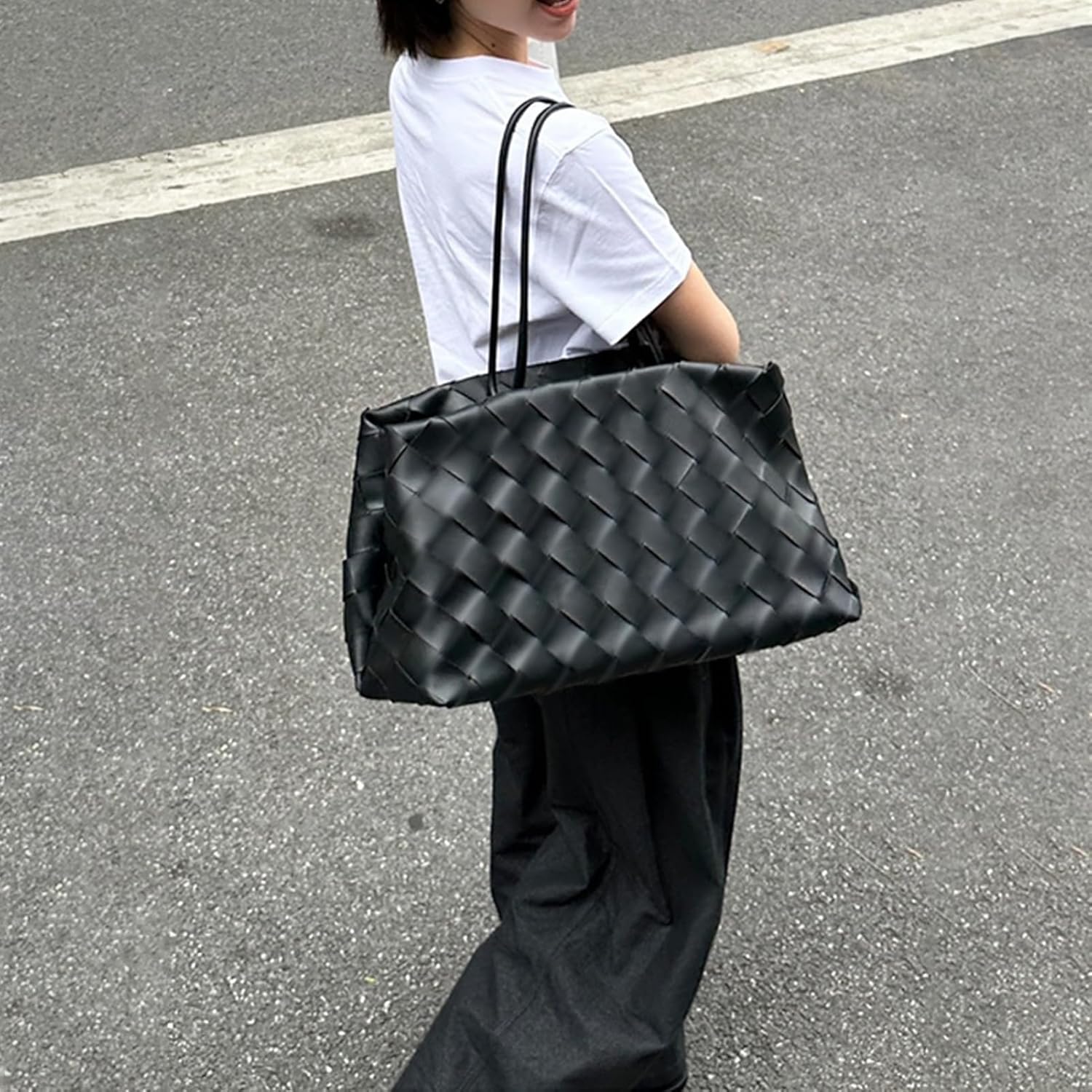 Woven Tote Bag for Women, Vegan Leather Shoulder Handbag with Magnetic Snap Closure, Soft Weave Look, Daily Work Travel Tote