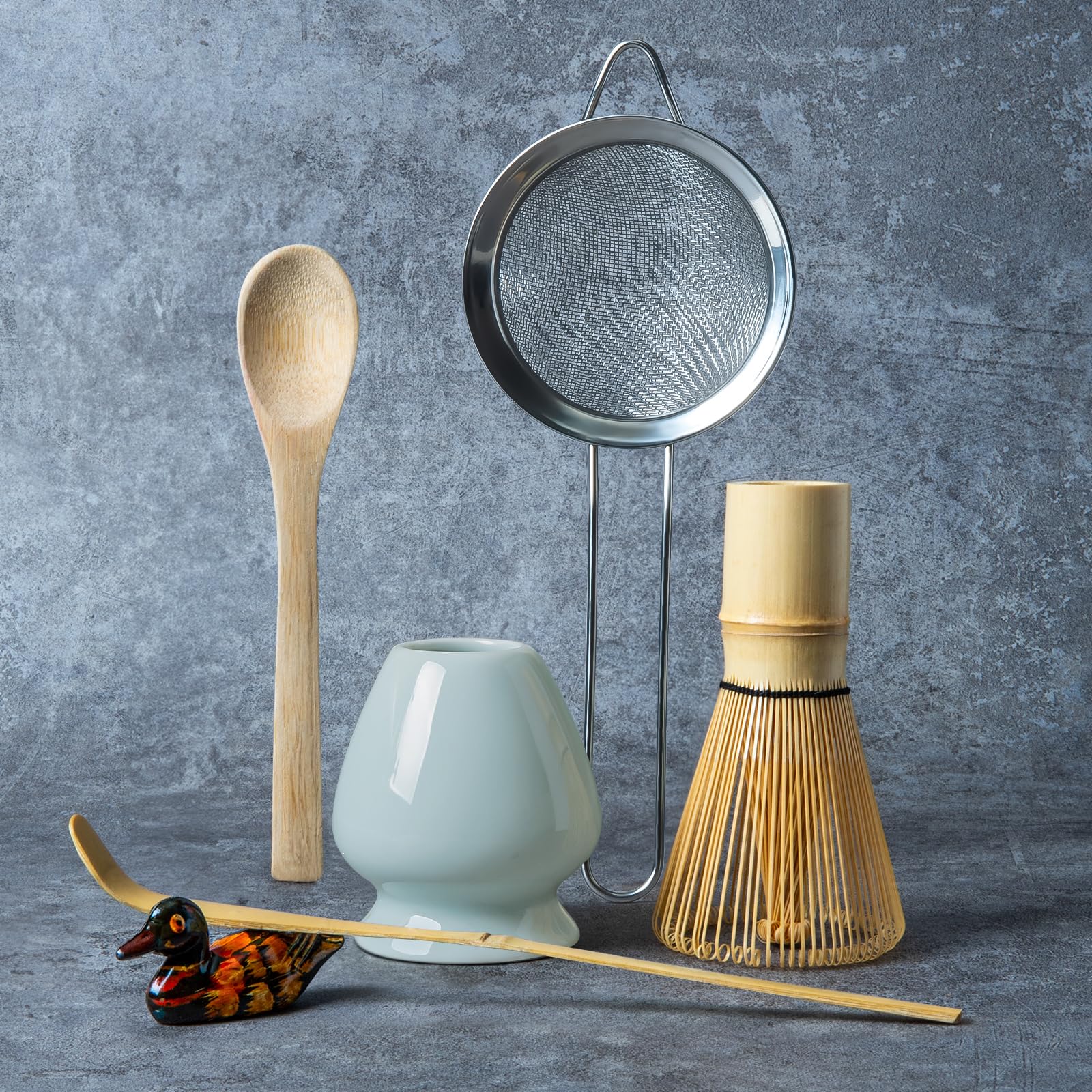 Matcha Whisk Set, Matcha Making Kit Whisk (Chasen Holder), Ceramic Whisk Holder (Light Blue), Bamboo Scoop, Powder Starter Sifter, Spoon Japanese Tea Tools For Ceremony Gift