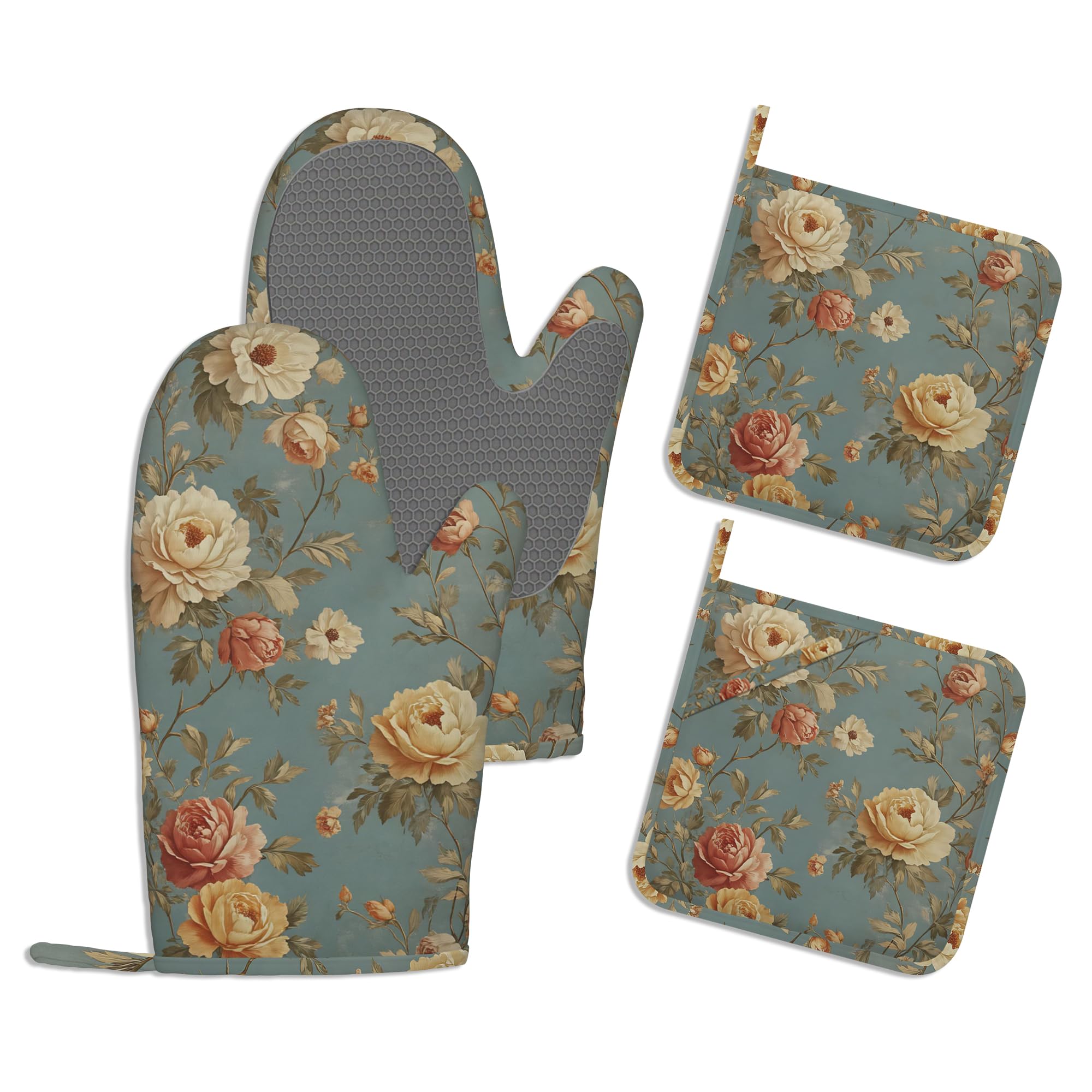 Juego de manoplas de horno y soportes para ollas, juego de guantes de cocina de algodón grueso con flores de rosas vintage, manoplas de silicona antideslizantes impermeables para hornear, bonito juego